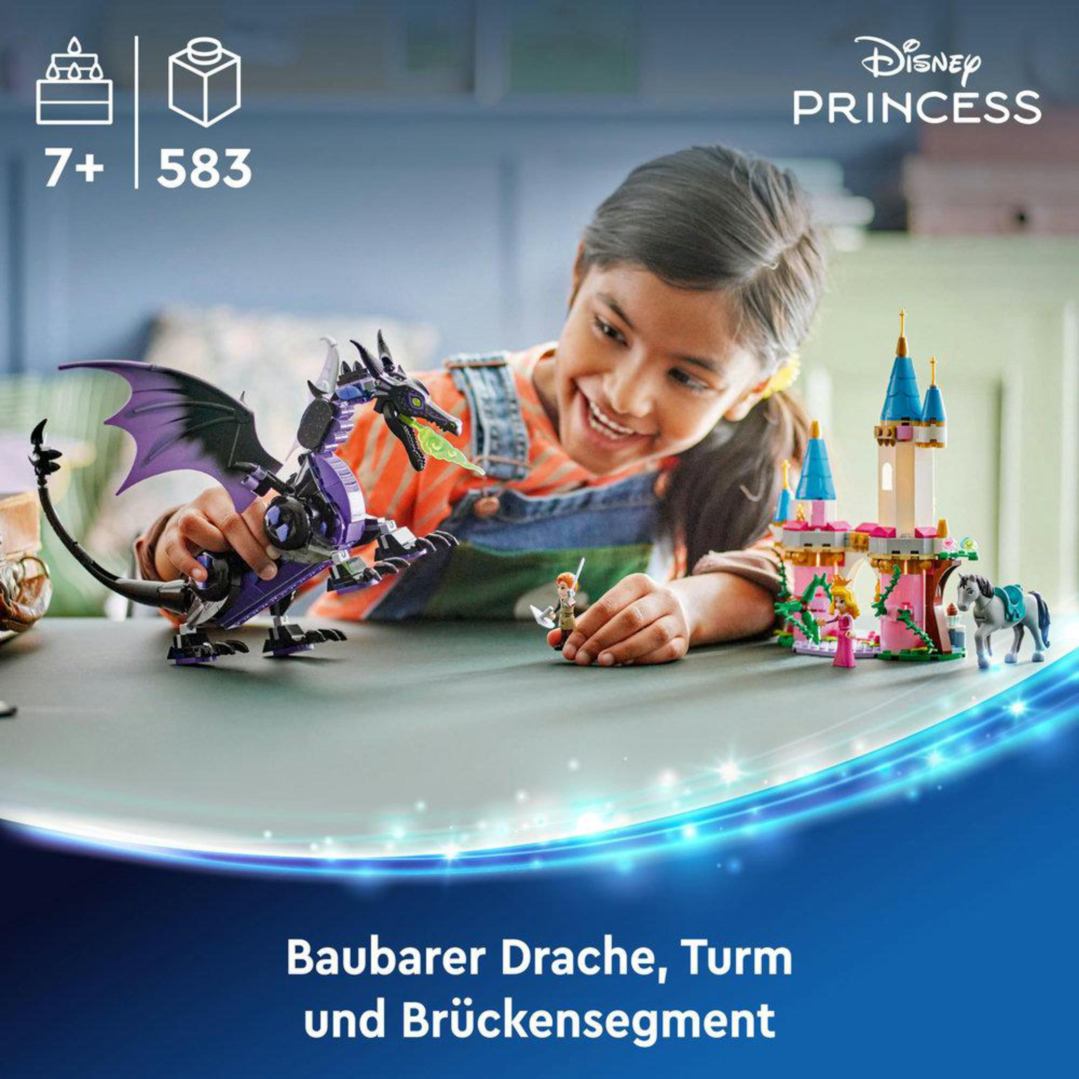 Niña juega con set LEGO Disney. Dragón, castillo y figuras visibles.