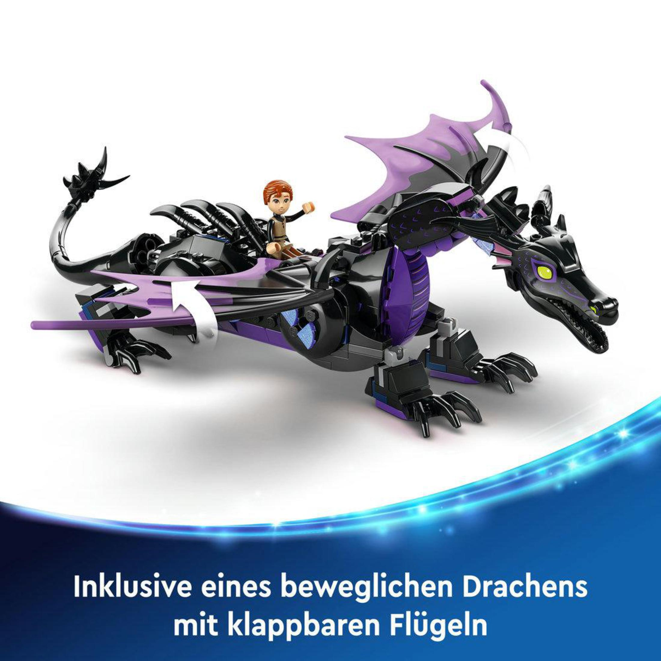 Set LEGO con un dragón negro y morado con un jinete en la espalda, fondo blanco.