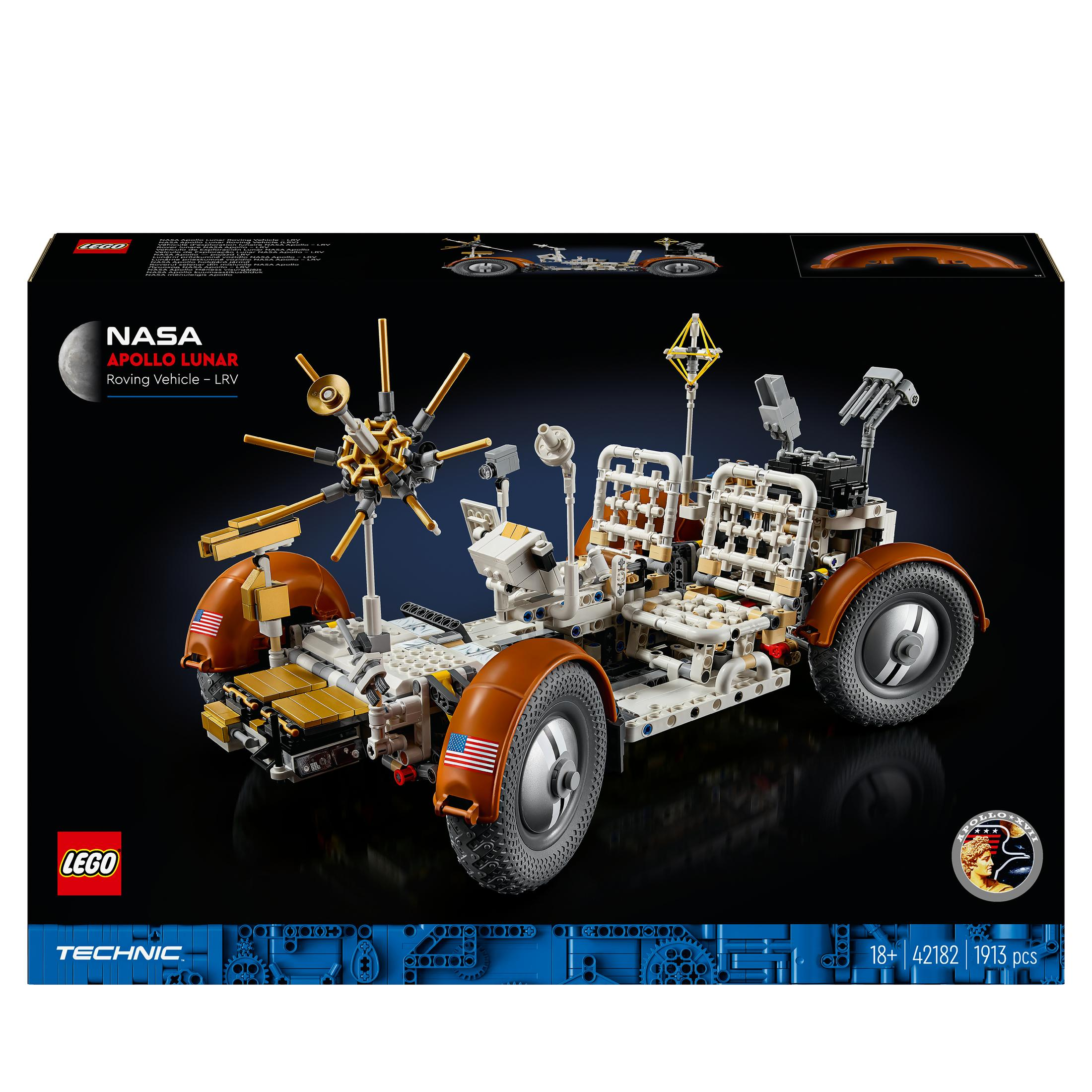 Pudełko LEGO Technic NASA Apollo Lunar Roving Vehicle, pokazujące łazik na czarnym tle.