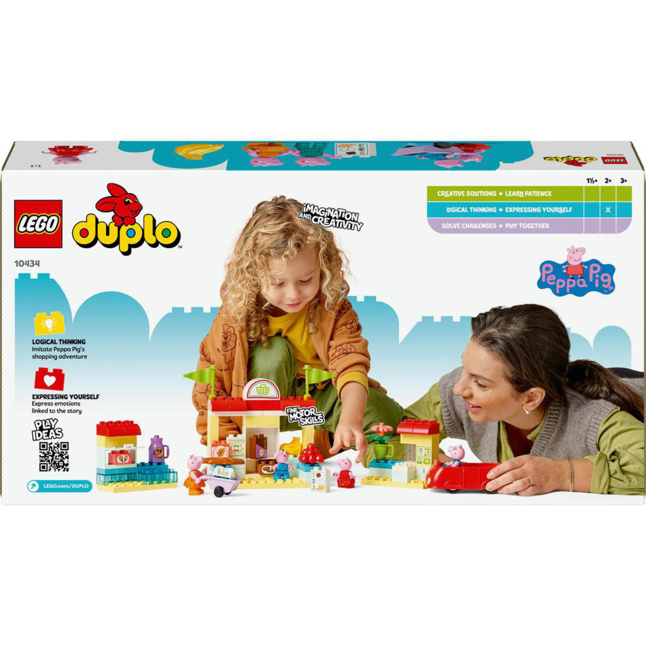 Zestaw LEGO Duplo Peppa Pig. Dwoje dzieci i kobieta bawią się zestawem na pudełku.