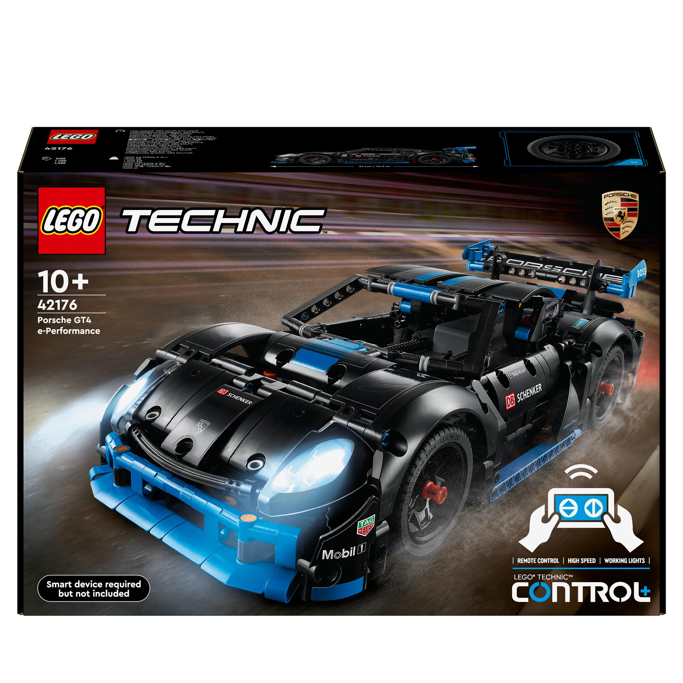 Zestaw LEGO Technic Porsche GT4 e-Performance w czarnym pudełku. Zawiera czarno-niebieski samochód sportowy.