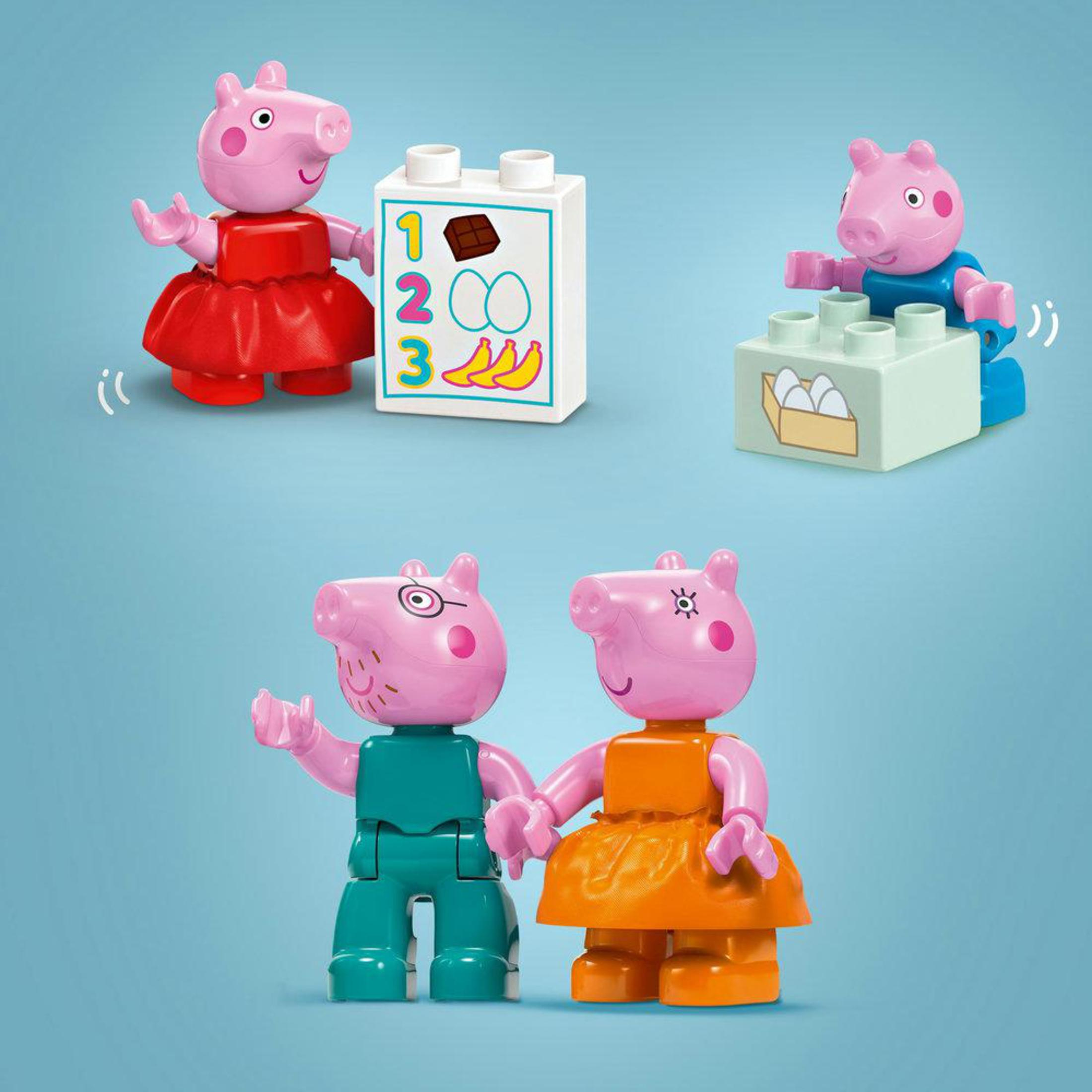 Zestaw Lego Świnka Peppa z figurkami Peppy i rodziny oraz klockami i akcesoriami.