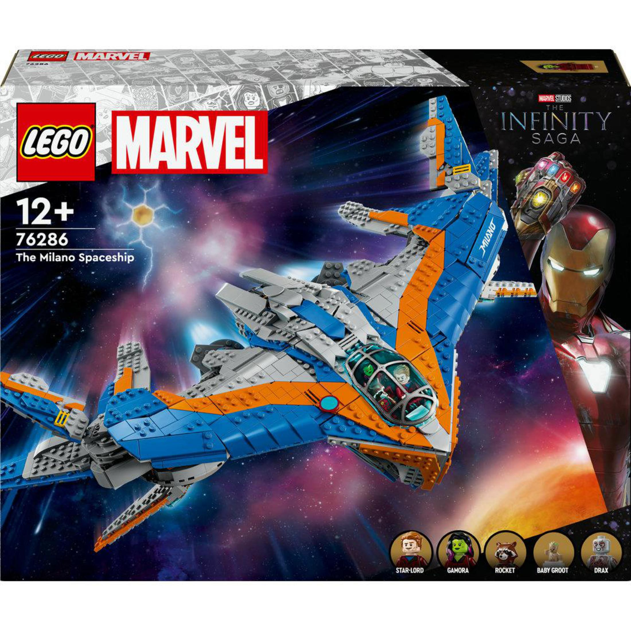 Zestaw Lego Marvel statku kosmicznego Milano. Pokazano także Iron Mana i inne postacie Marvela.