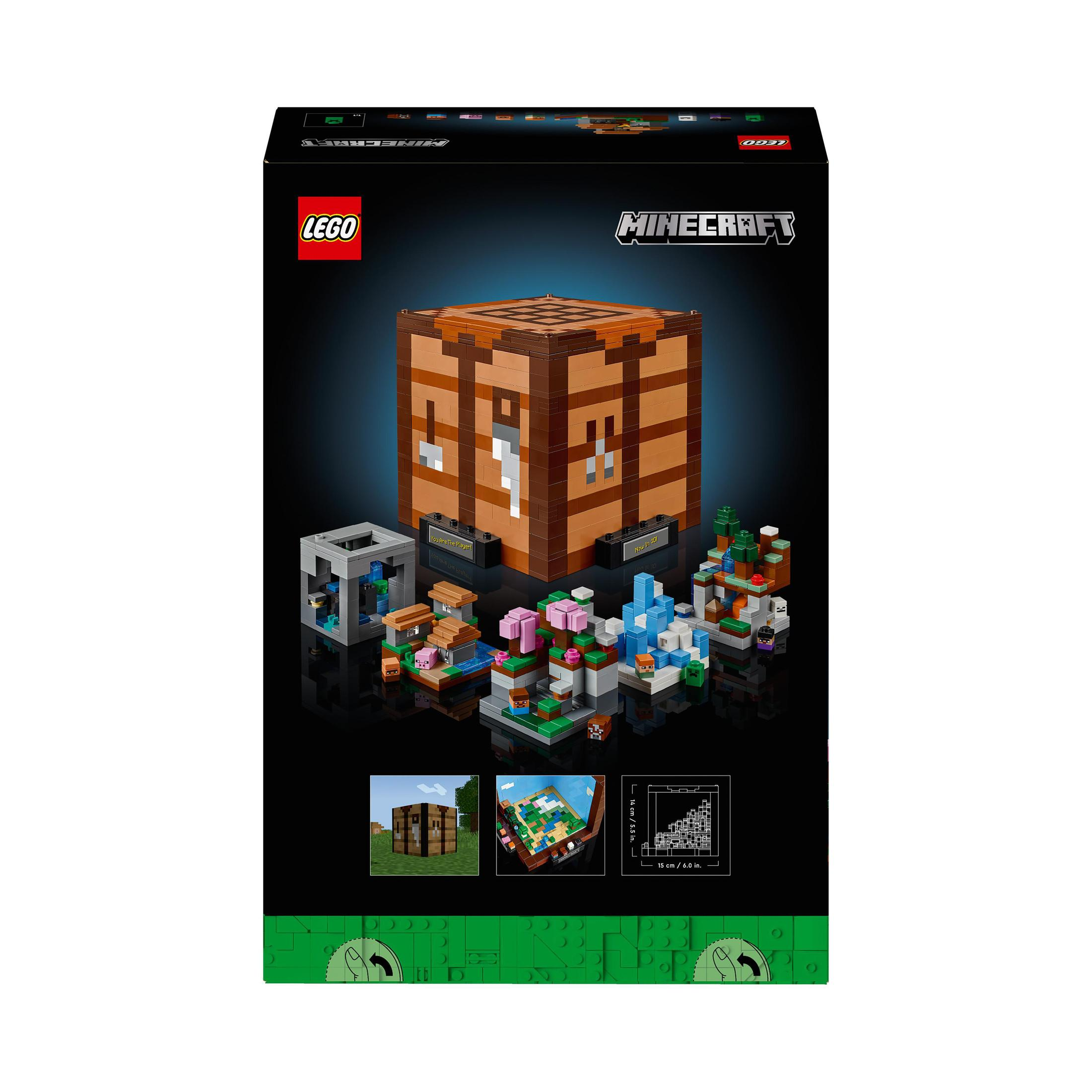 Pudełko Lego Minecraft. Różne sceny z Minecrafta pokazane na pudełku. Czarne tło.