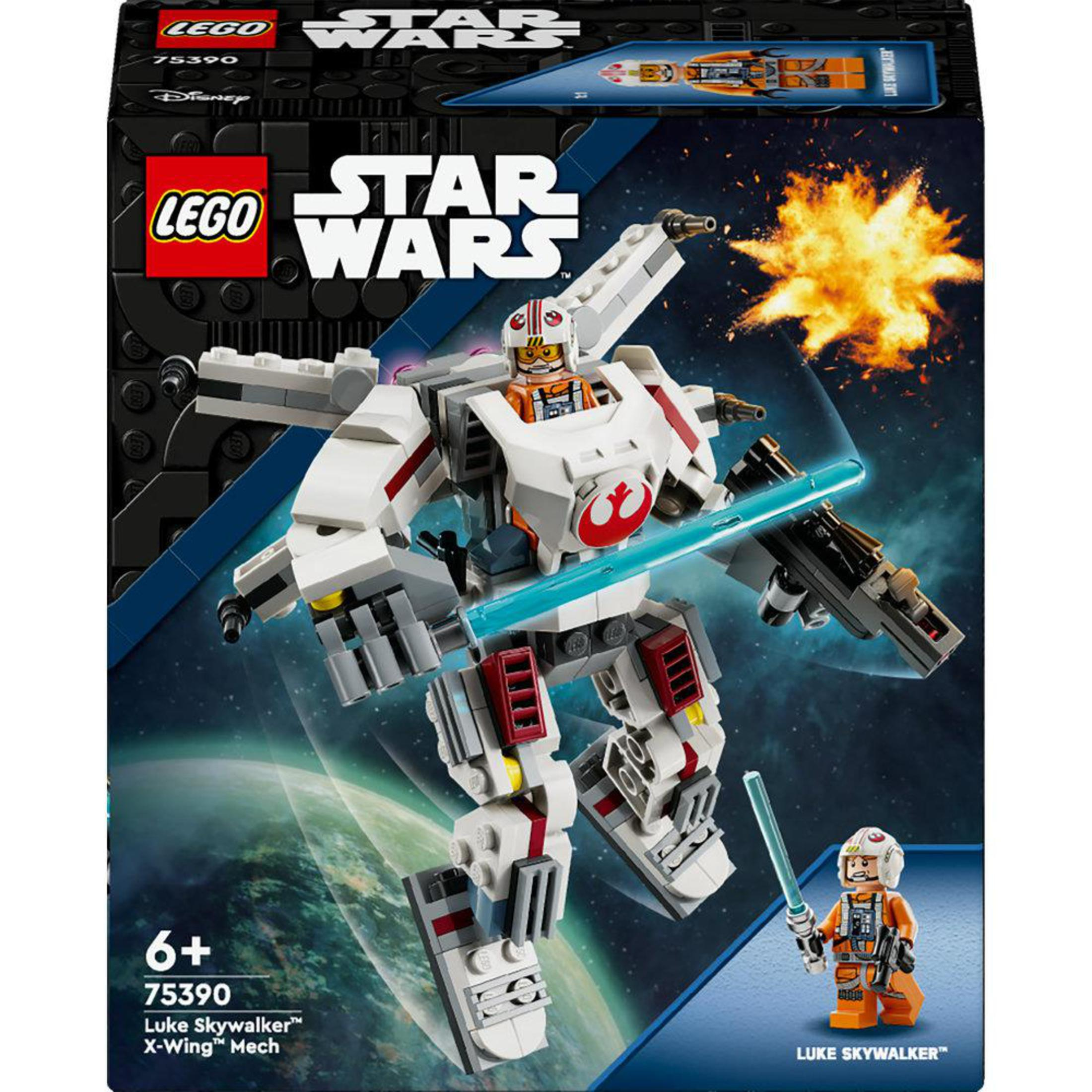 Set de Lego Star Wars. Una figura robótica con un piloto y una caja de nave espacial en el fondo.