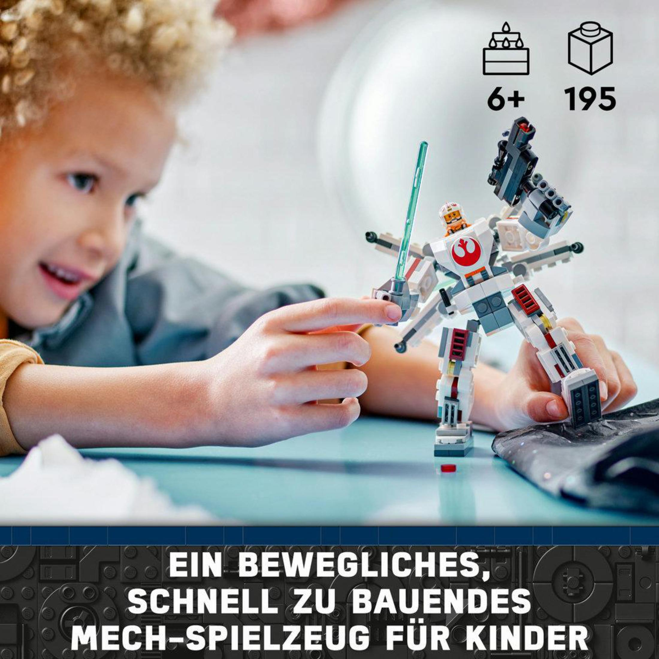 Un niño construye un juguete LEGO Star Wars mech. Es blanco, gris y rojo con un sable de luz verde.