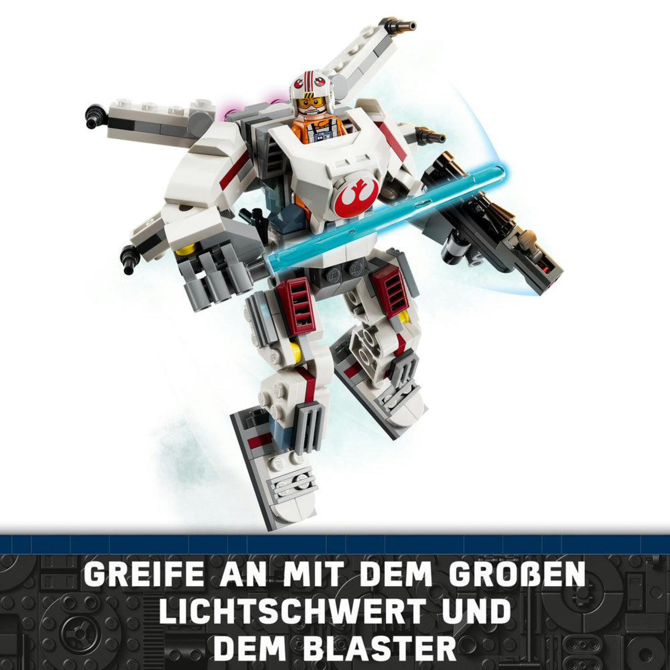 Robot Lego con un sable de luz y una pistola. El fondo es blanco.