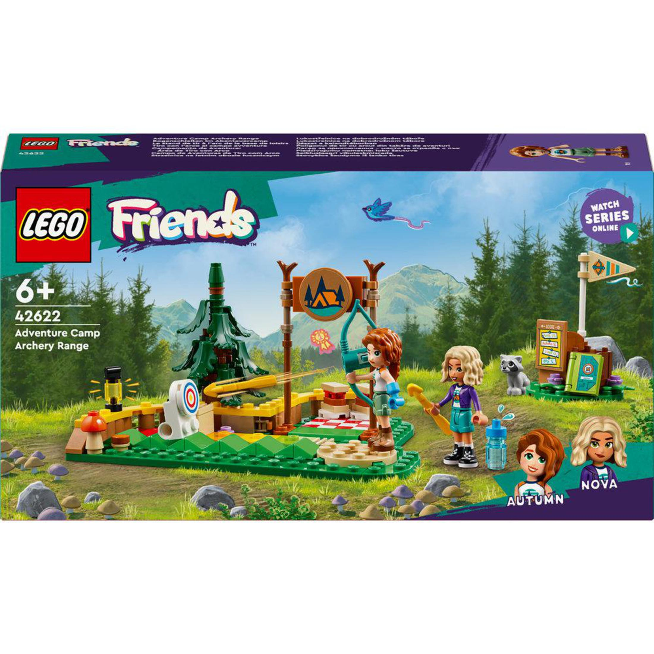 Zestaw LEGO Friends: Obóz przygód Strzelanie z łuku, z figurkami, tarczą i sceną leśną.
