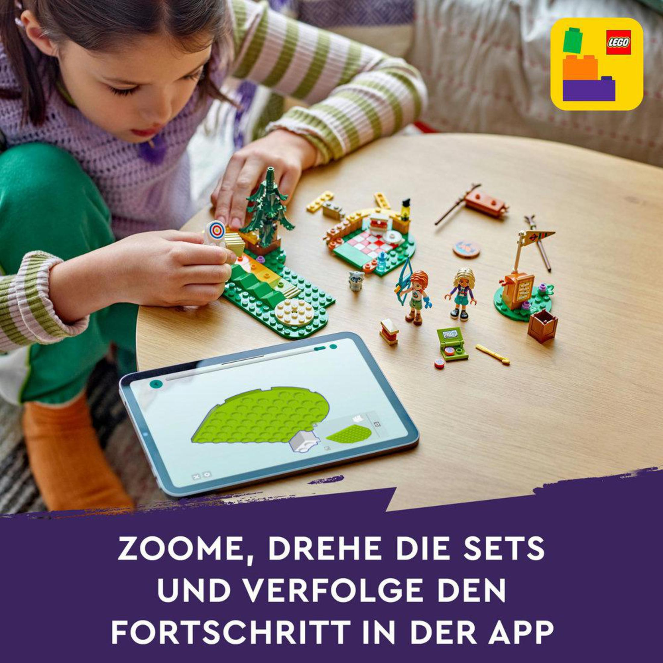 Dziewczynka z tabletem, zestaw Lego Friends: drzewa, figurki i akcesoria.