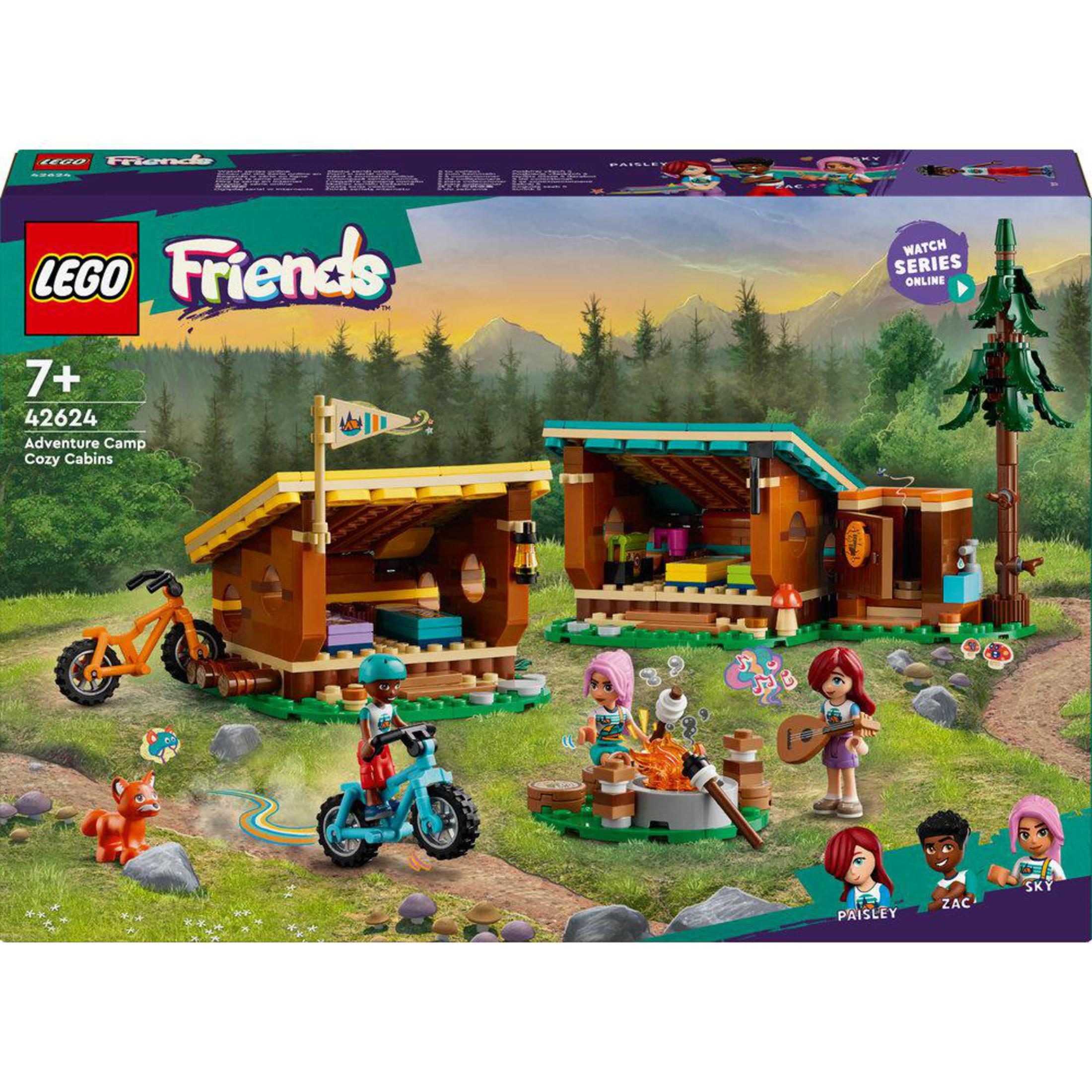 Zestaw Lego Friends. Zawiera dwie chatki, ognisko i różne figurki w scenerii przyrodniczej.