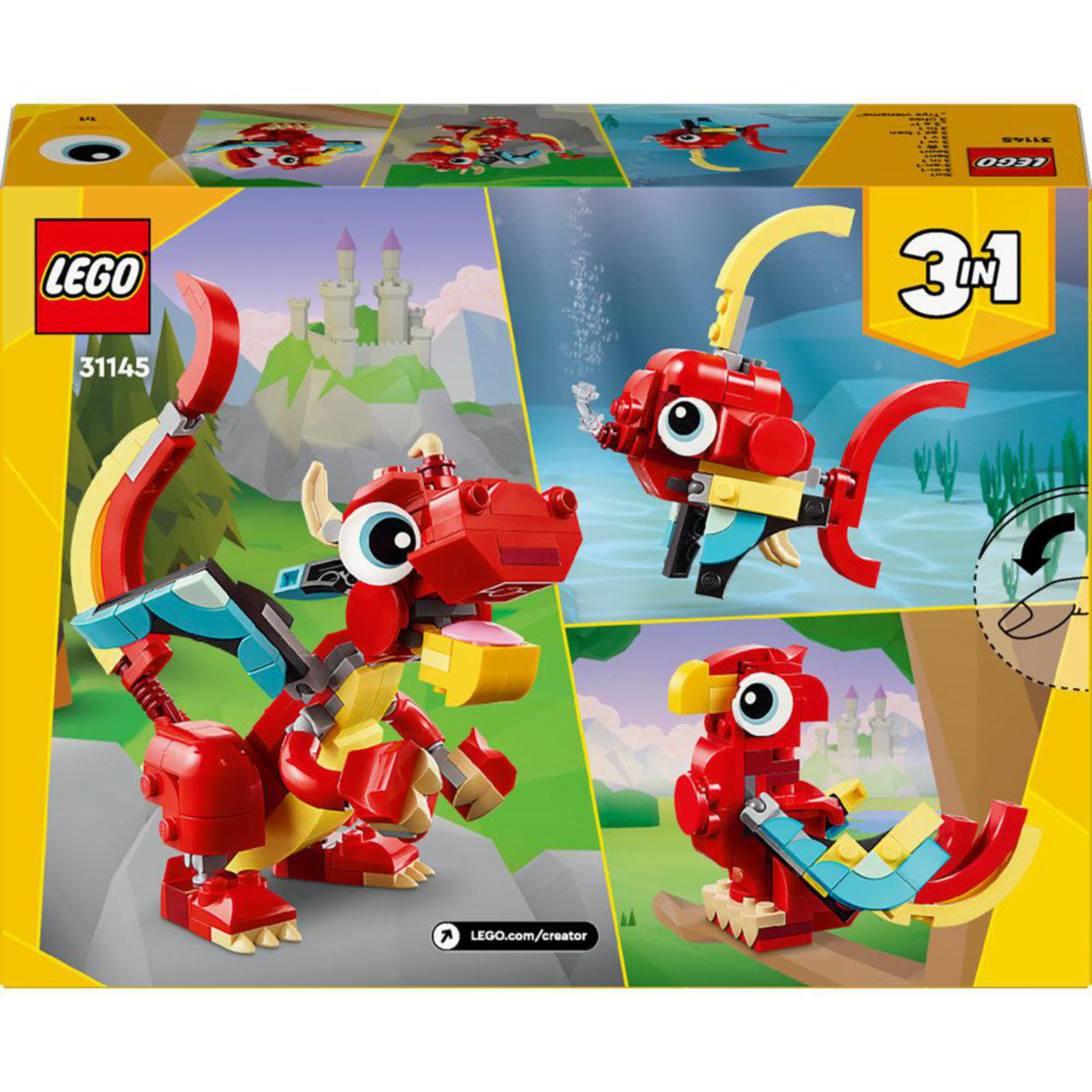 Caja de Lego con modelos de dragón, pez y pájaro rojos. El fondo tiene un castillo y agua.