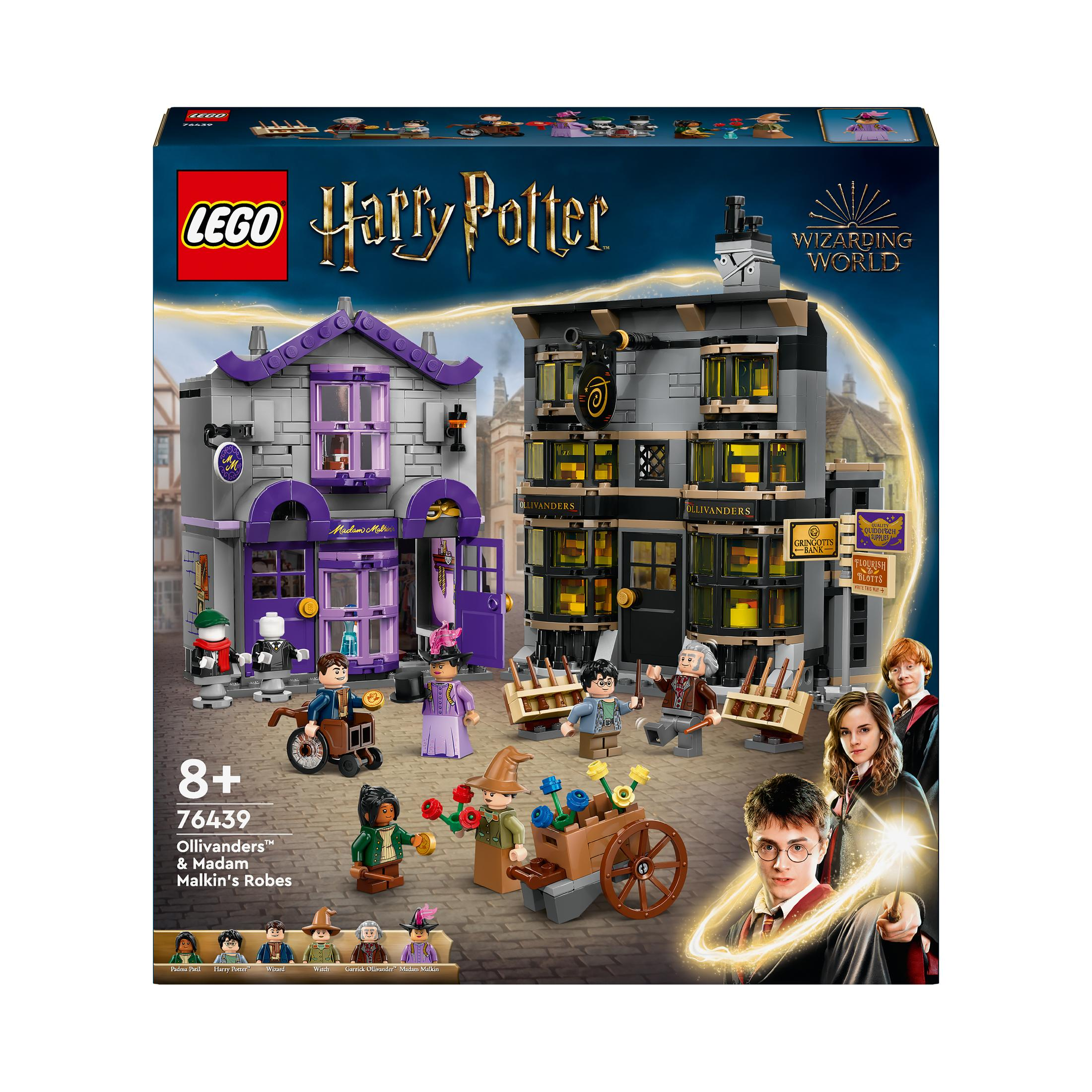 Scatola del set Lego Harry Potter, con il negozio di Ollivander e Madame Malkin.