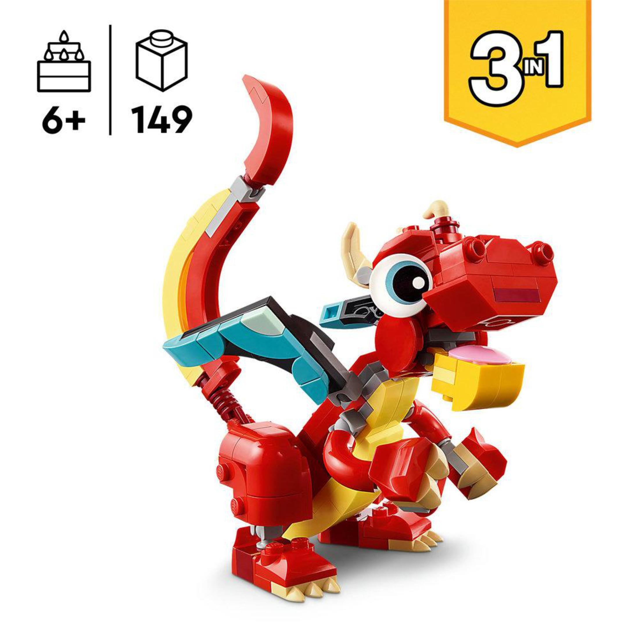 Juguete de dragón Lego rojo con detalles amarillos y azules. Fondo blanco.
