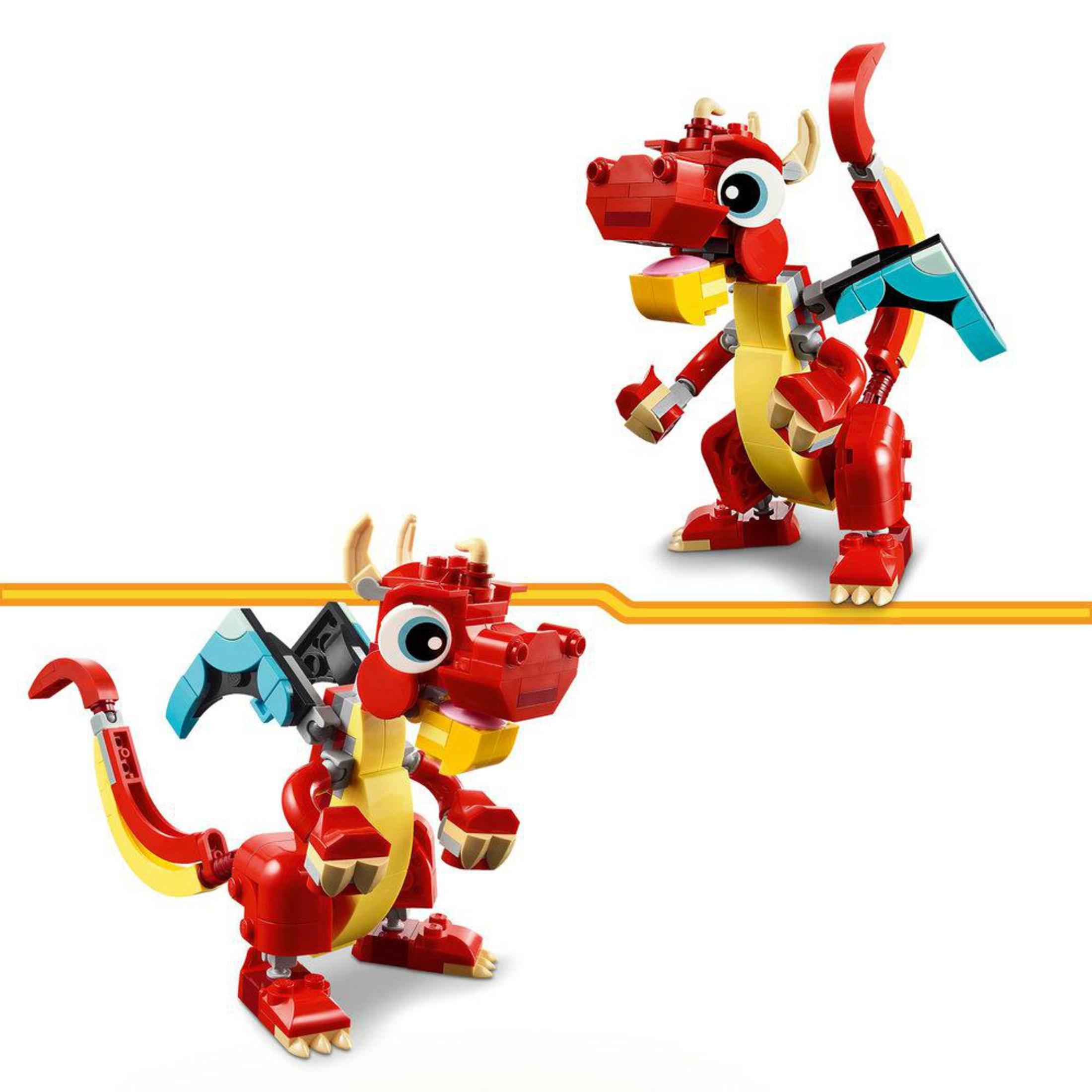 Dos dragones Lego rojos. Uno de pie, el otro posando, con detalles amarillos y azules.