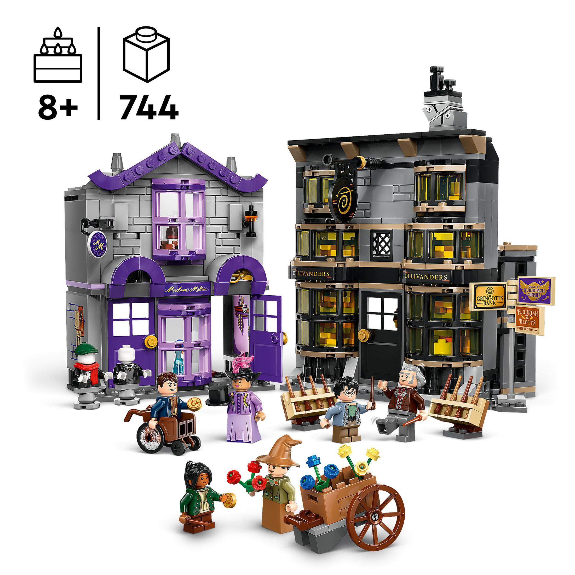 Set Lego con due edifici, personaggi e un carretto con fiori.
