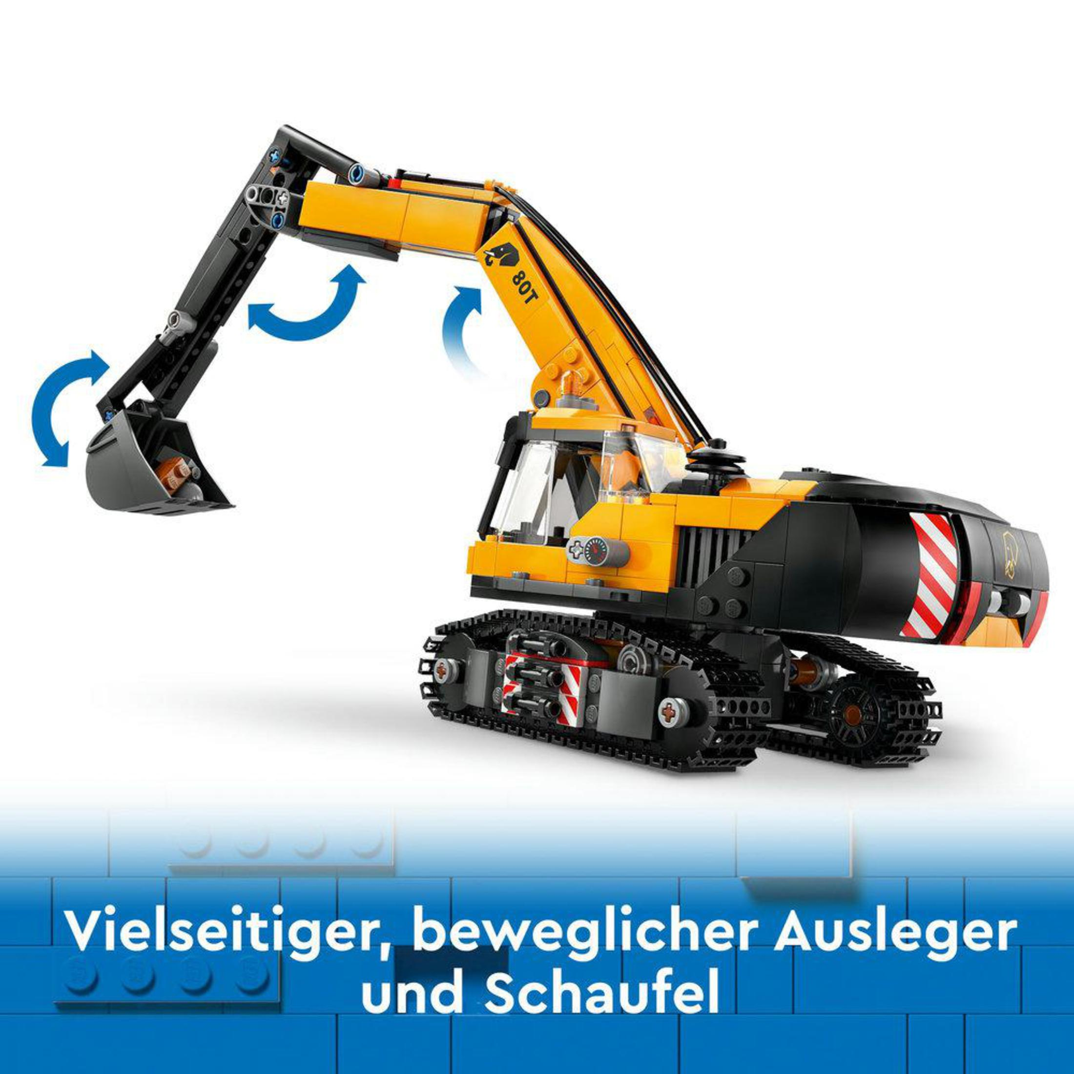 Gelb-schwarzer Bagger mit beweglichem Arm und Schaufel auf blauem Hintergrund.