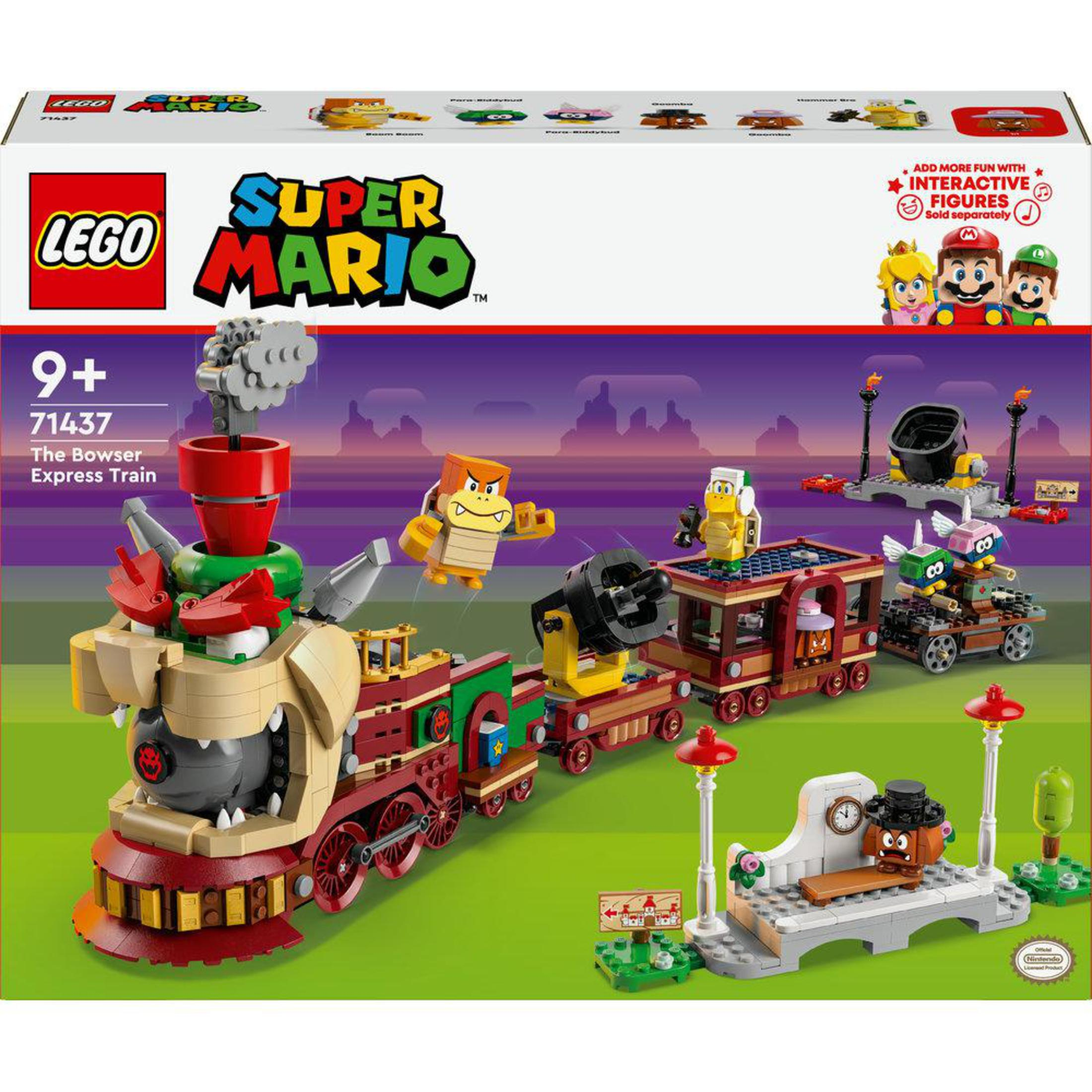 Lego Super Mario Bowser Express Train set. De doos toont de trein en Mario karakters.