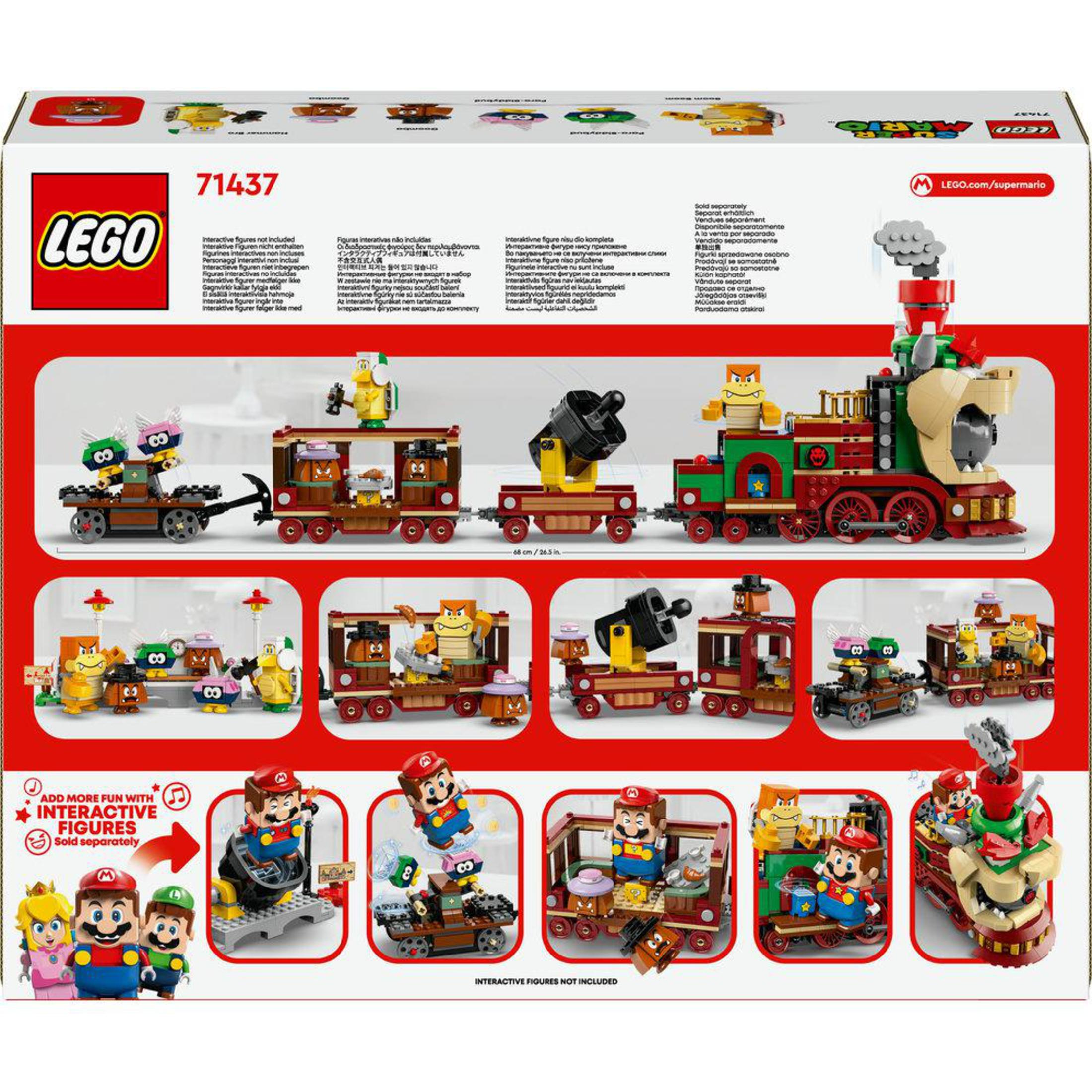 Lego Super Mario treinset doos met trein, karakters en interactieve elementen.