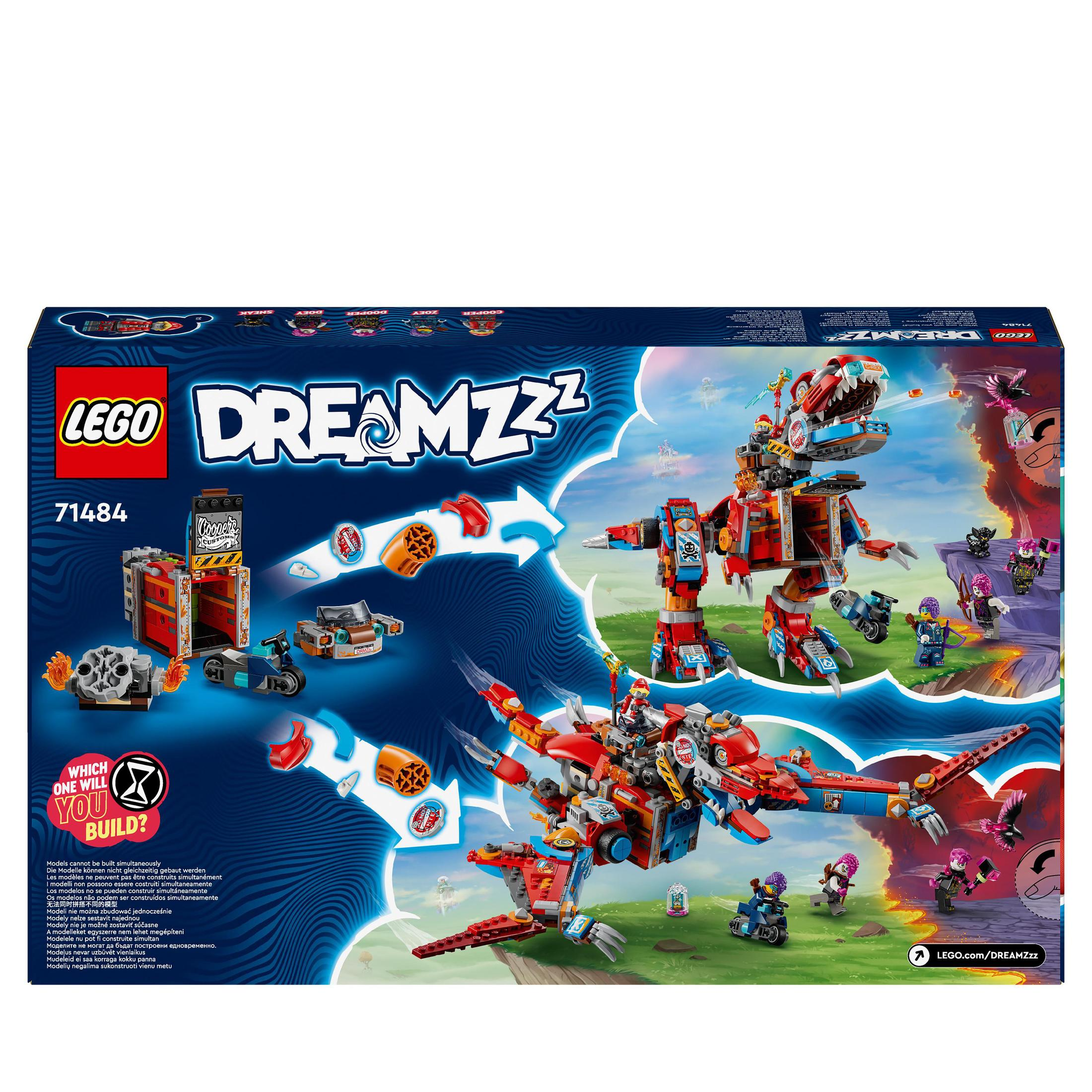 Lego Dreamzzz kutusunun arkası. Bir dinozor modeli, araba ve fantastik bir sahnede minyatür figürler gösterir.