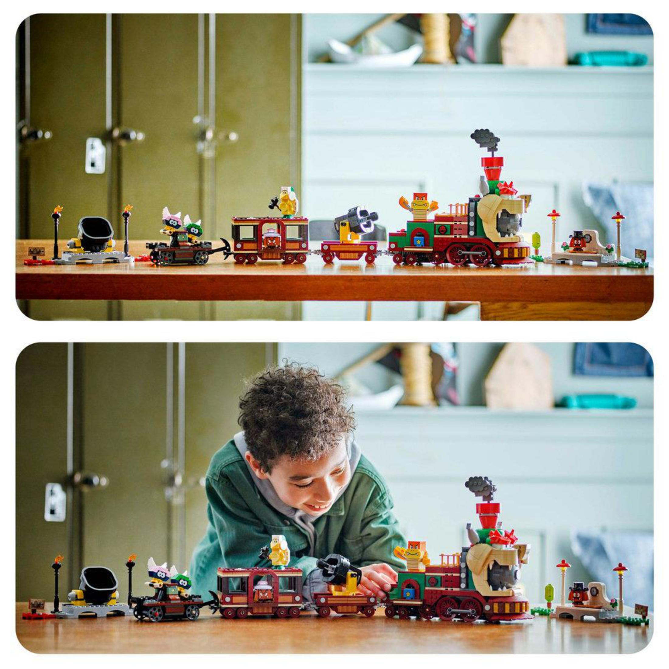 Twee afbeeldingen van een kind dat met een Lego-trein speelt. De trein is kleurrijk en grillig.