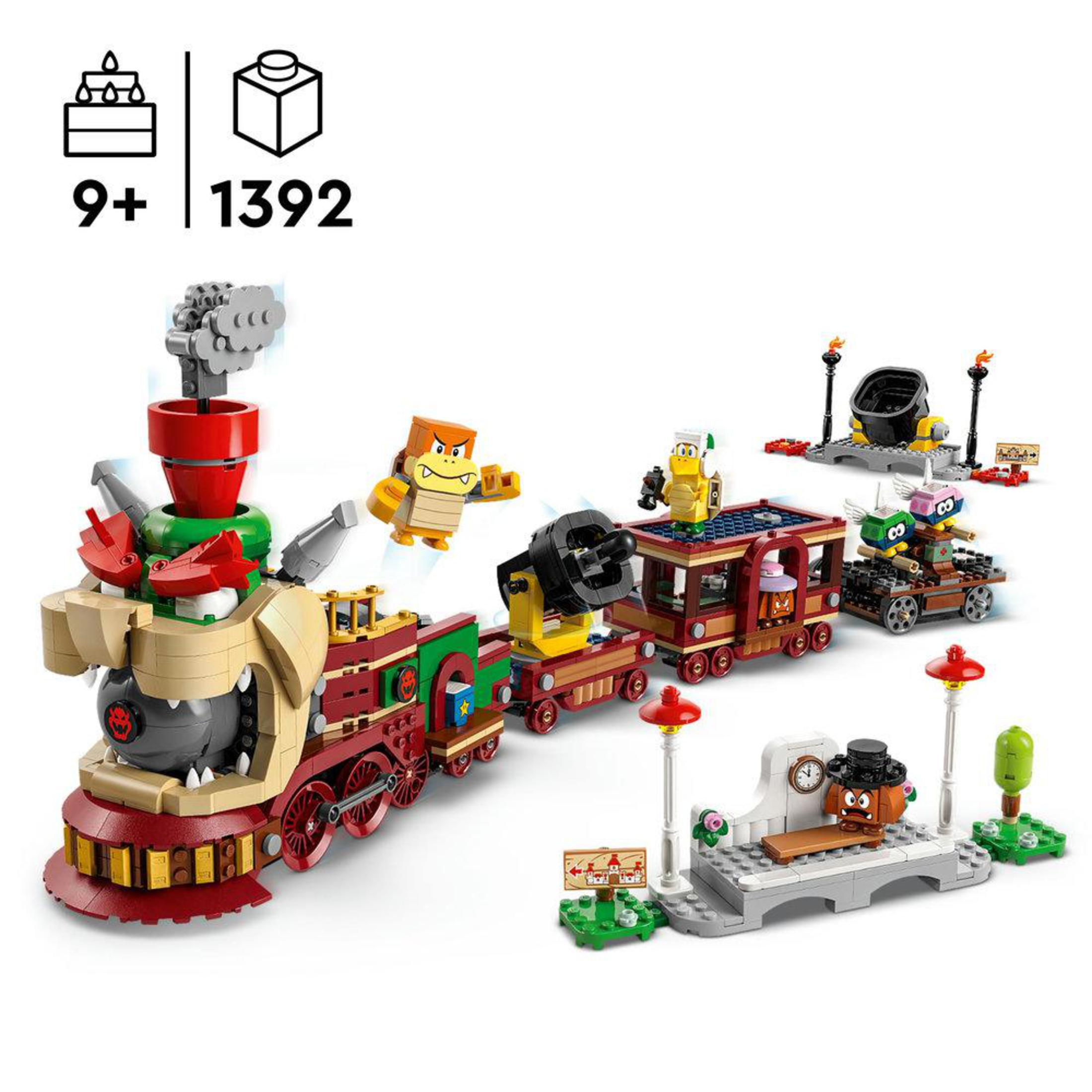 Lego Super Mario Bowser's treinset met trein, figuren en verschillende baanelementen.