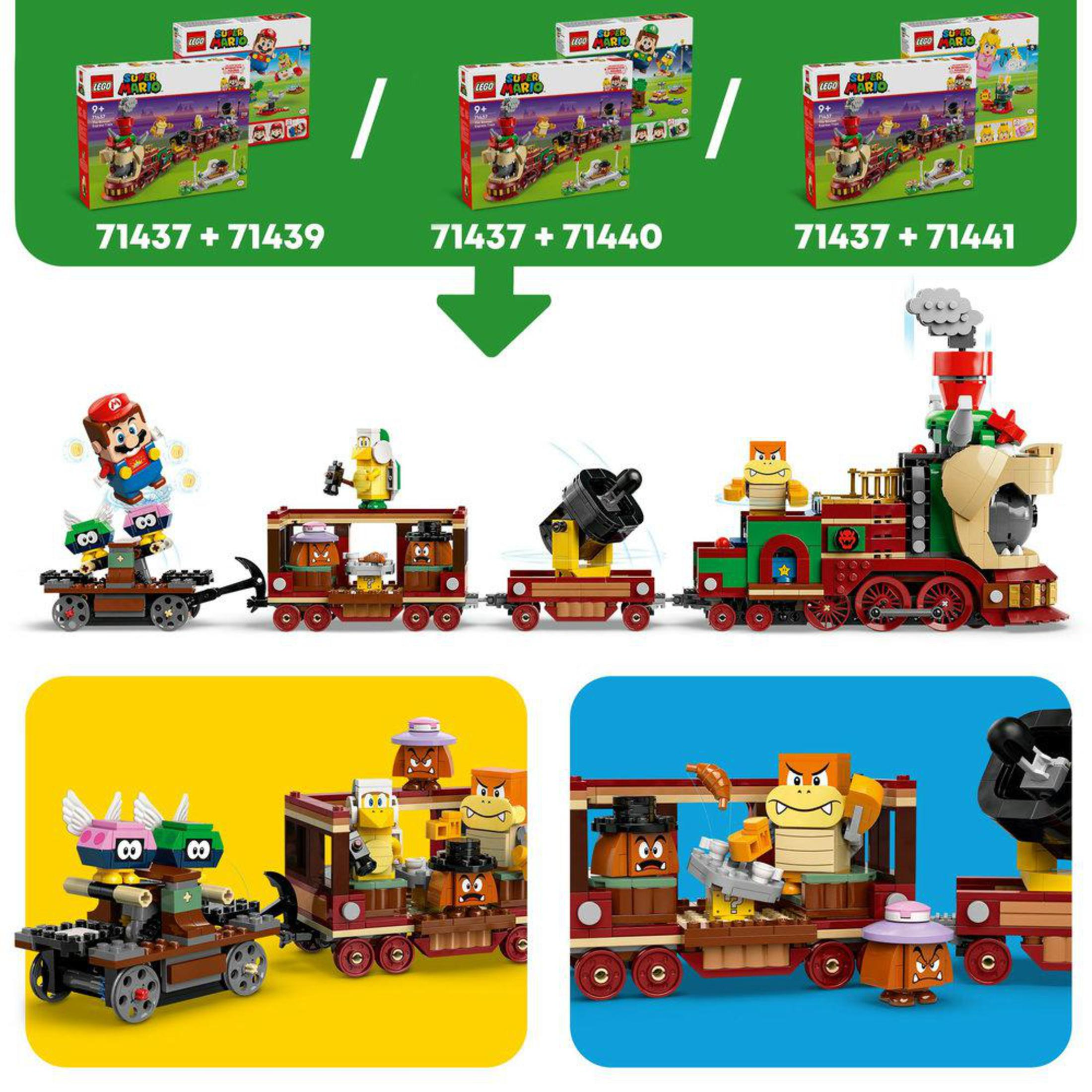 LEGO Super Mario sets met trein, karakters en verschillende set combinaties.