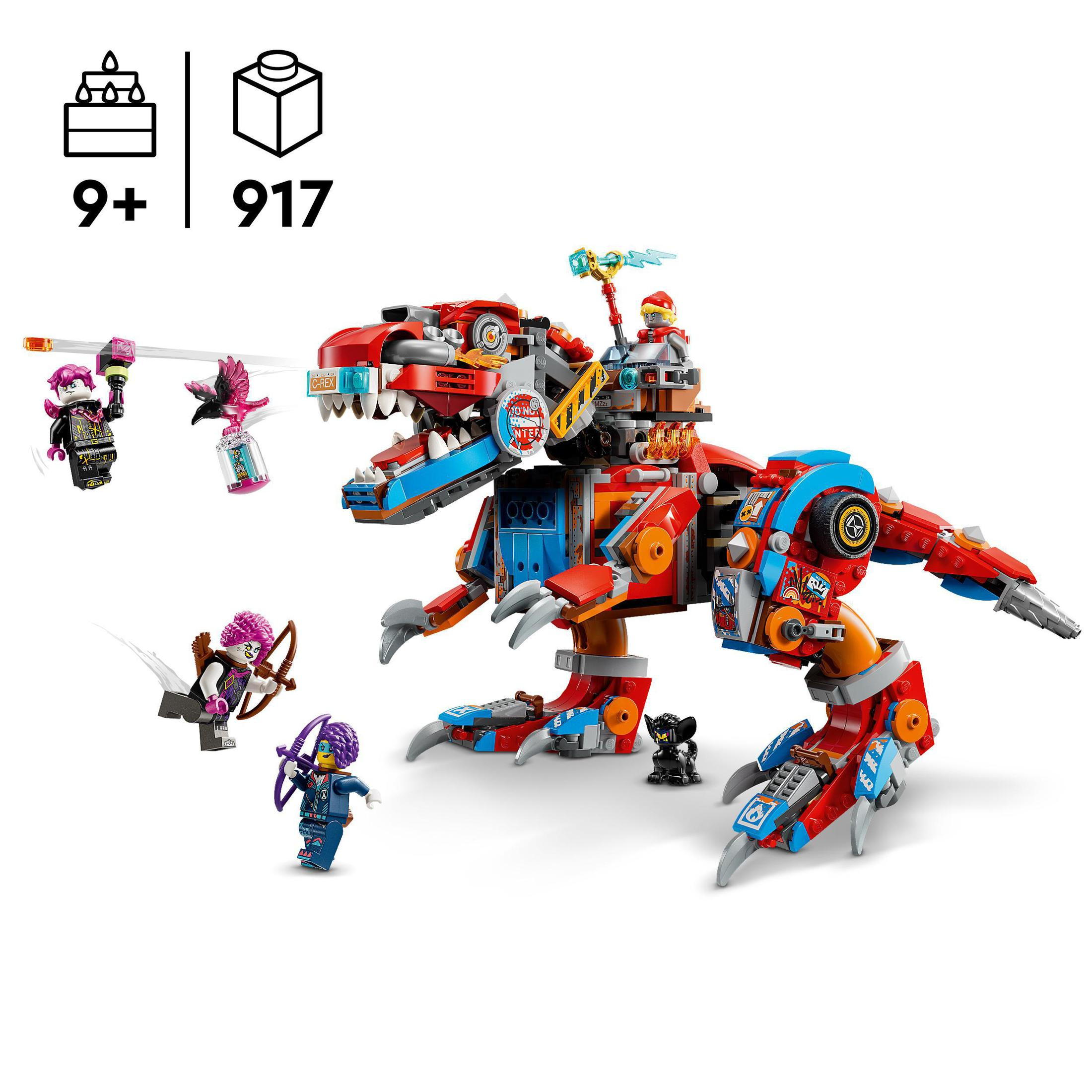 Bir dinozor ve minifigürlerle Lego seti. Kırmızı, mavi ve turuncu bir renk şemasına sahip.