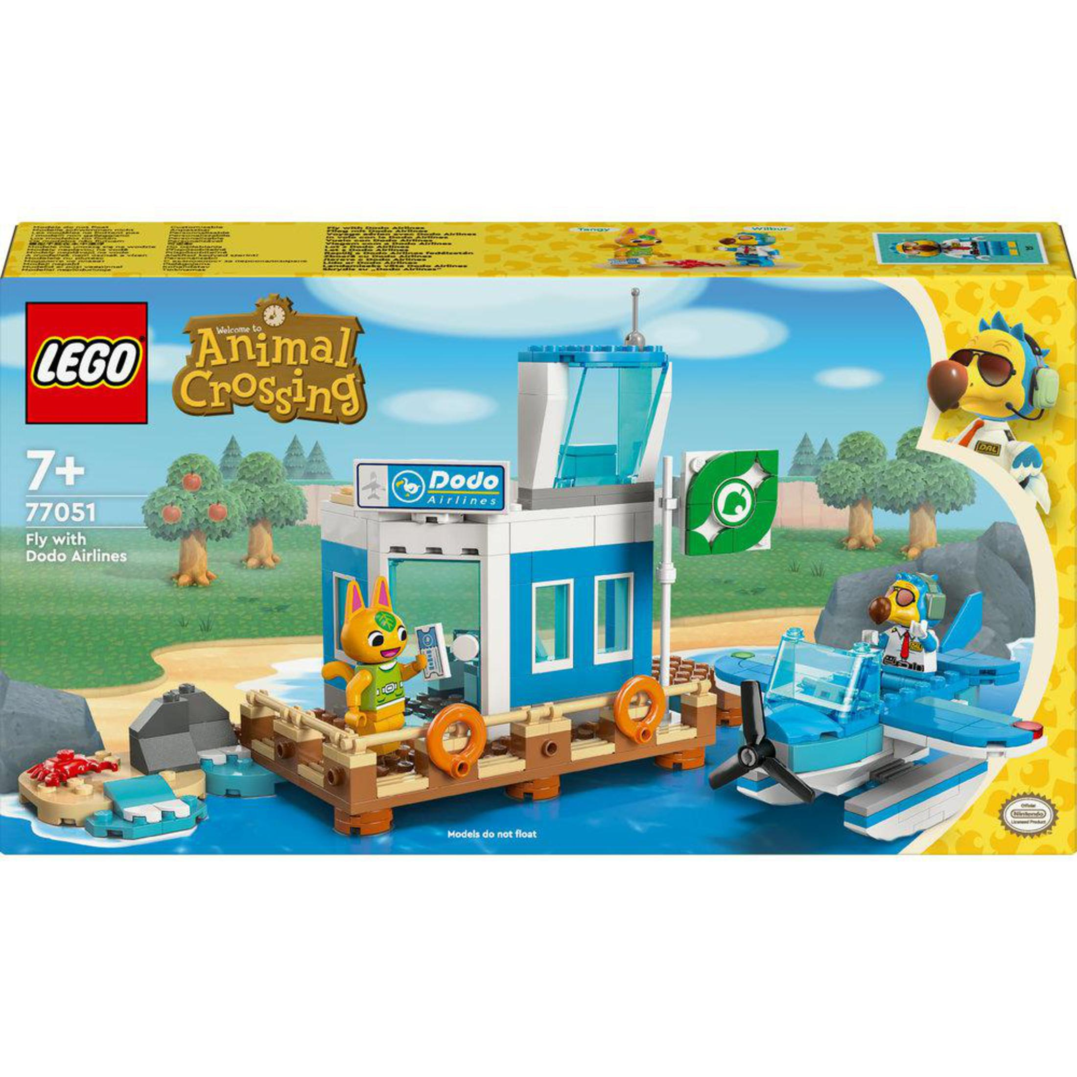 Lego Animal Crossing Set mit Dodo Airlines Gebäude, Flugzeug und Figuren auf blauem Wasserhintergrund.