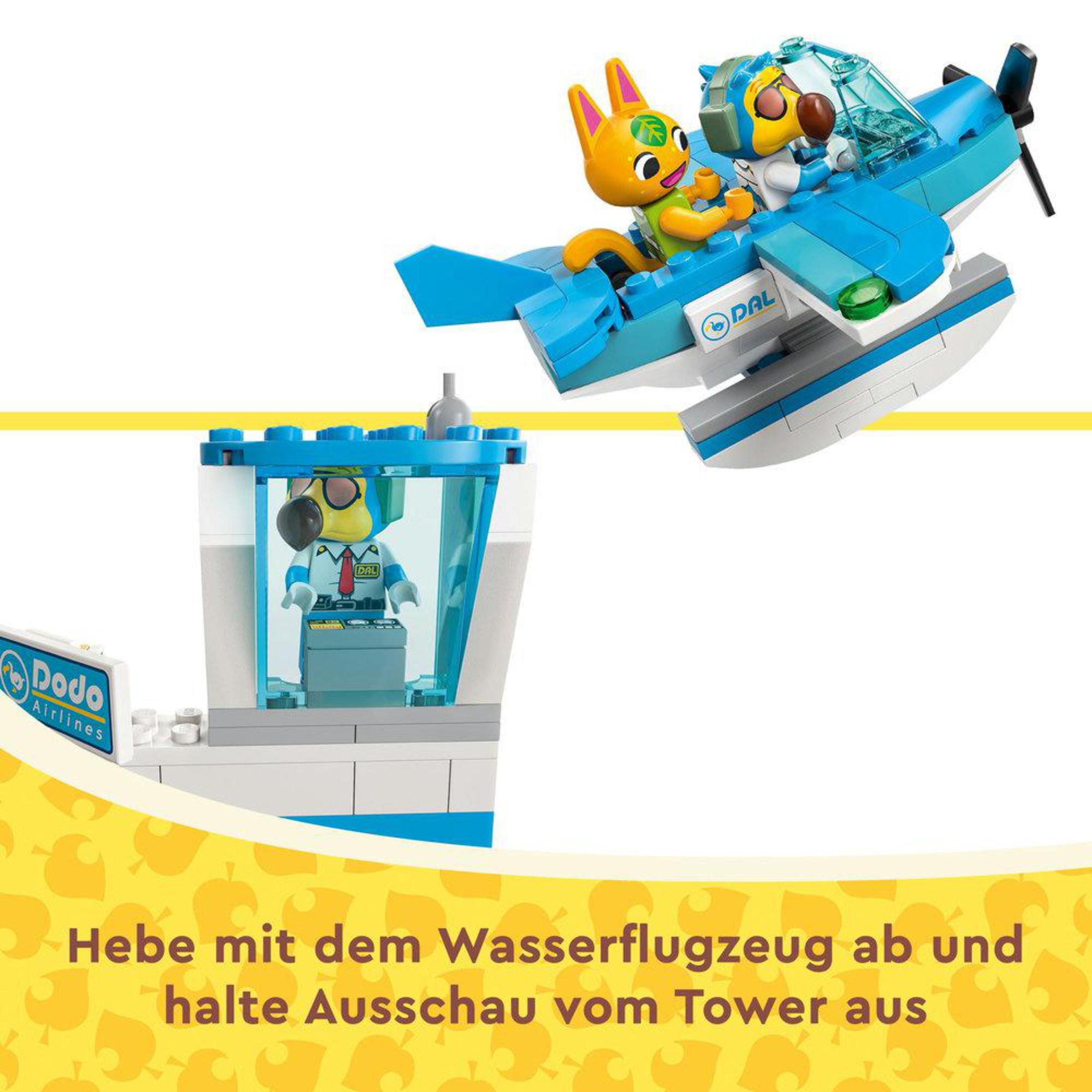Lego-Set mit blauem Flugzeug und zwei Zeichentrickfiguren. Flughafen-Kontrollturm sichtbar.