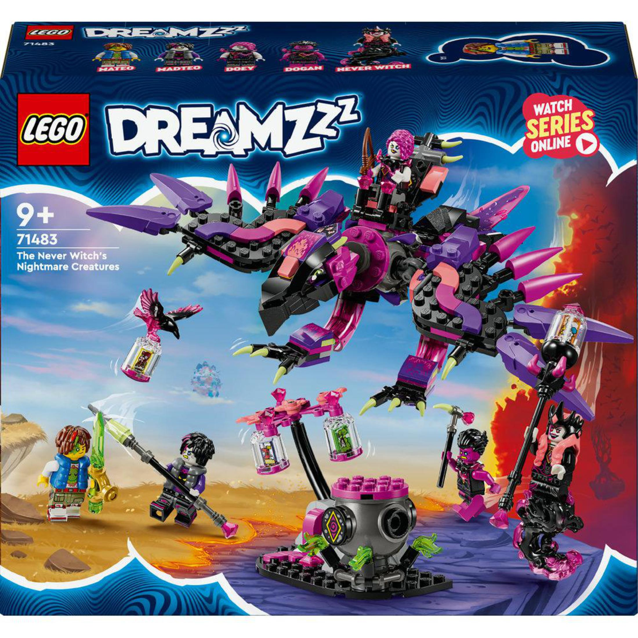 Caja del set LEGO Dreamzzz. Un gran dragón morado, figuras y otros elementos LEGO sobre un fondo colorido.
