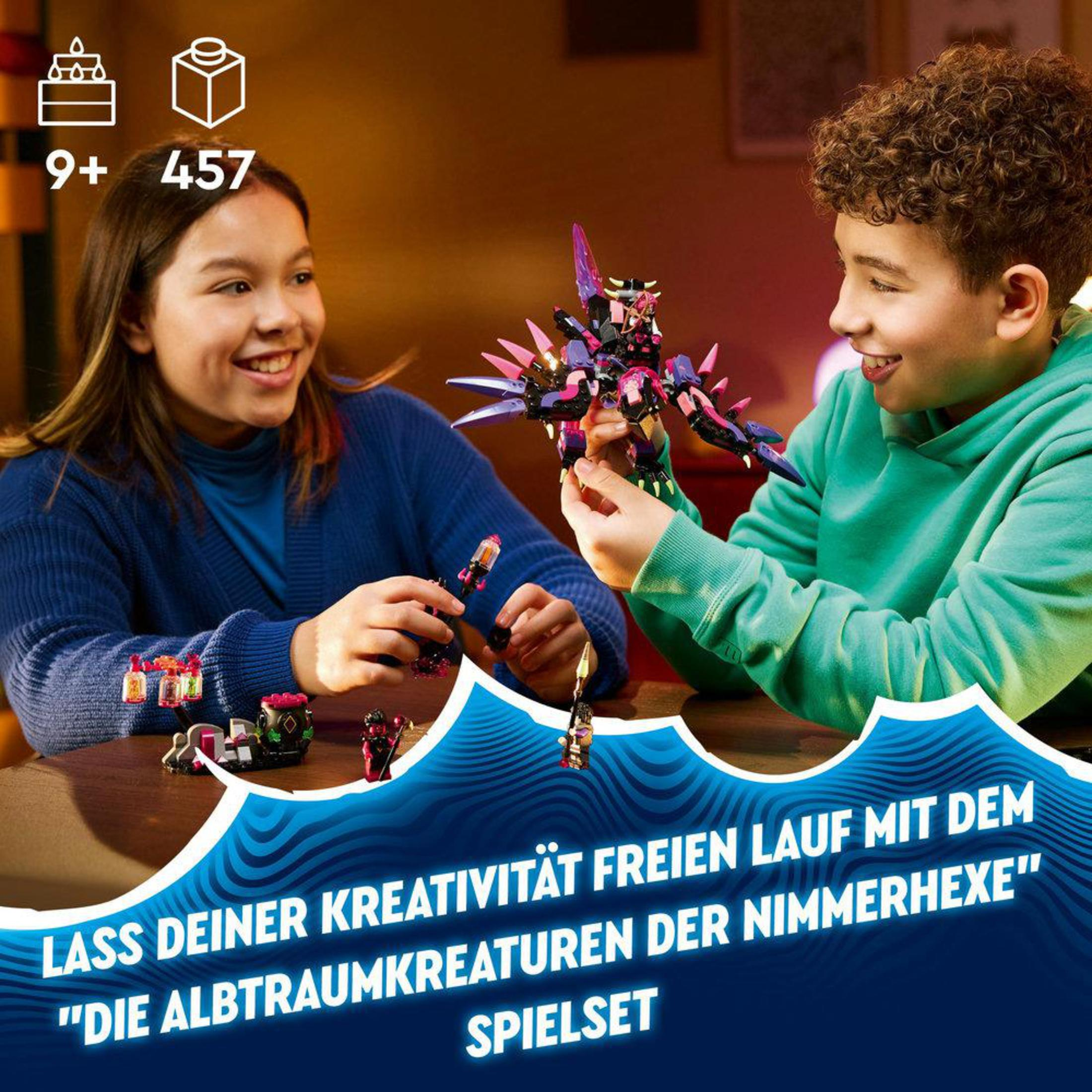 Dos niños jugando con un set de Lego. Texto en alemán abajo.