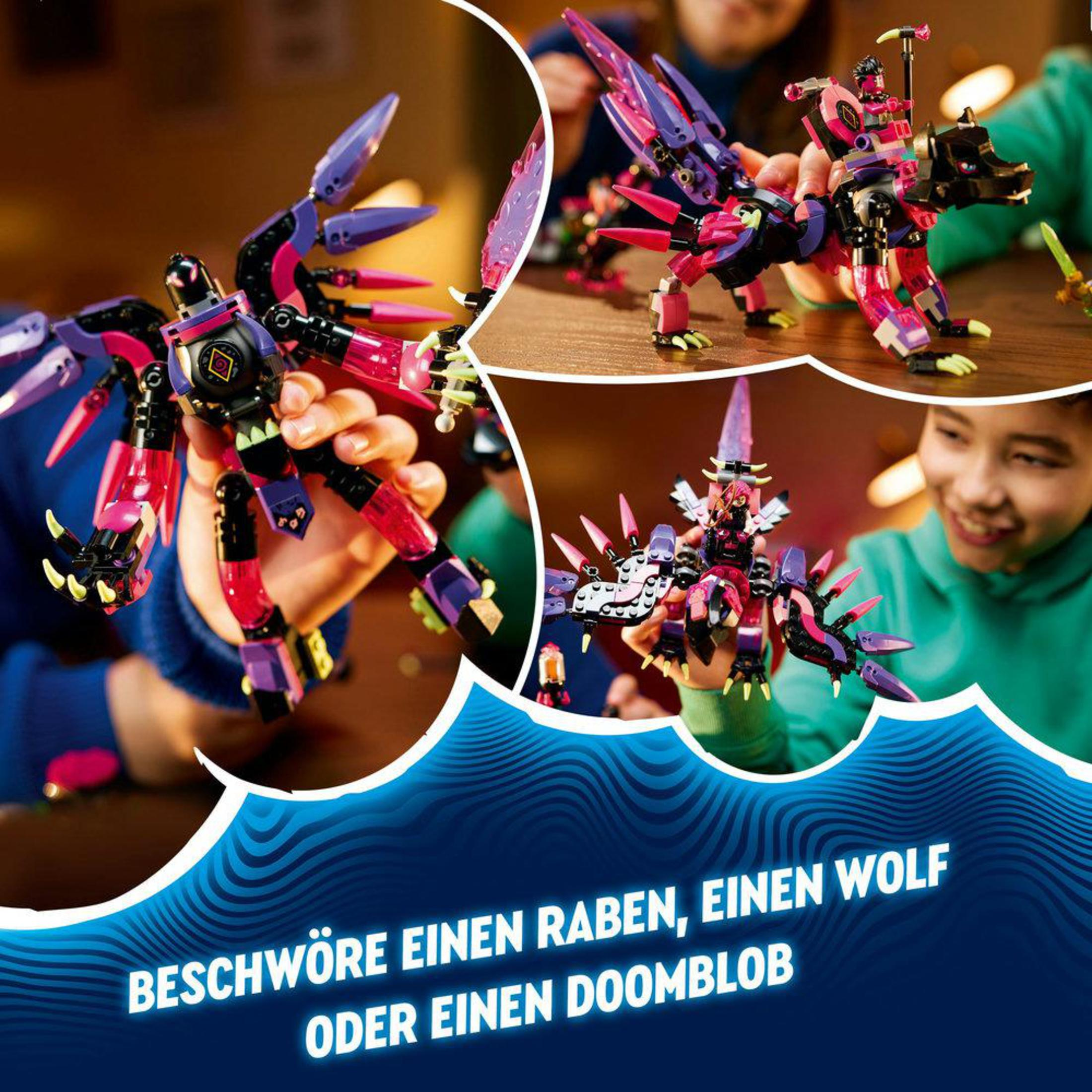 Un set de Lego con varios personajes y modelos, incluyendo una criatura parecida a un dragón.