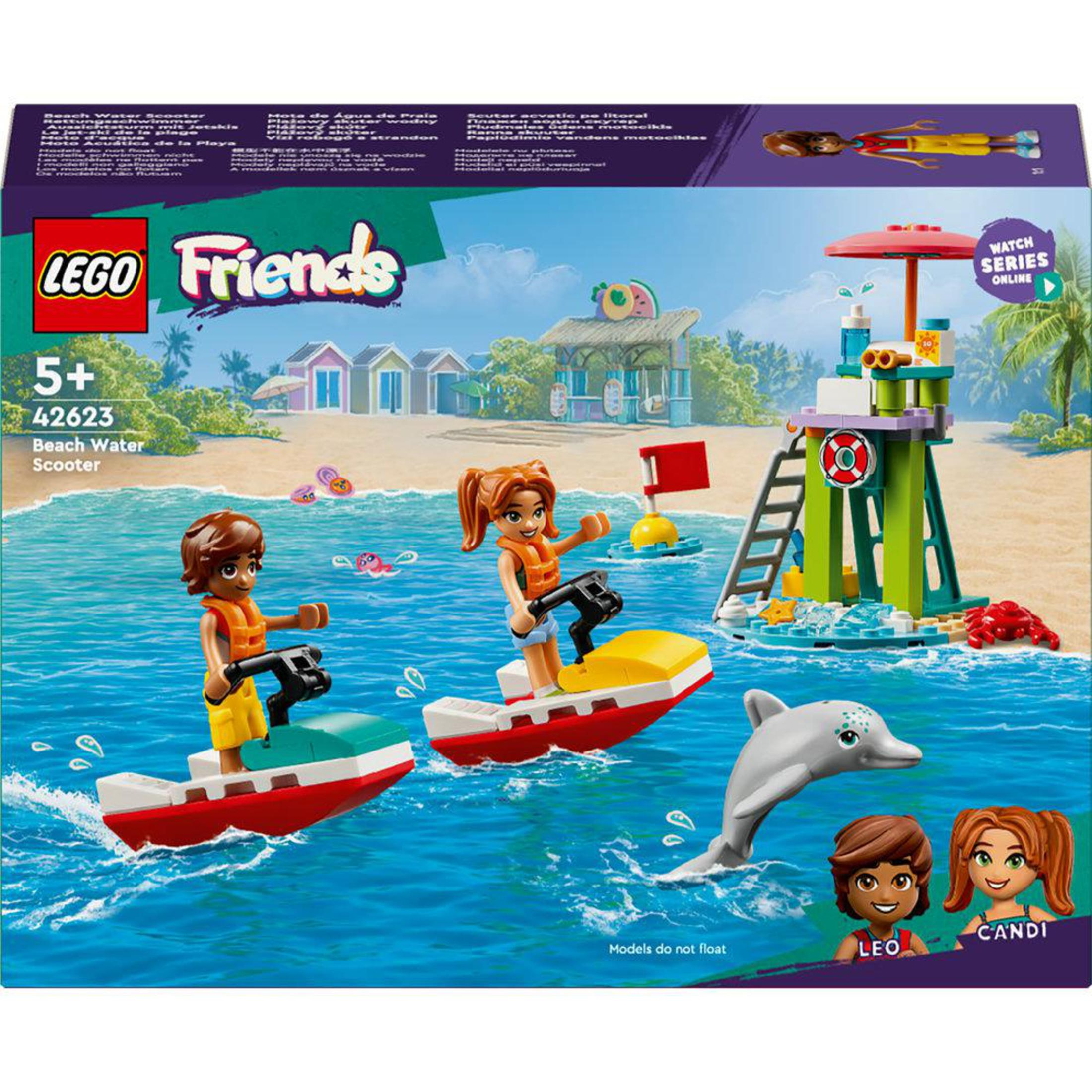 Zestaw Lego Friends Beach Water Scooter z figurkami na skuterach, delfinem i wieżą ratowniczą.