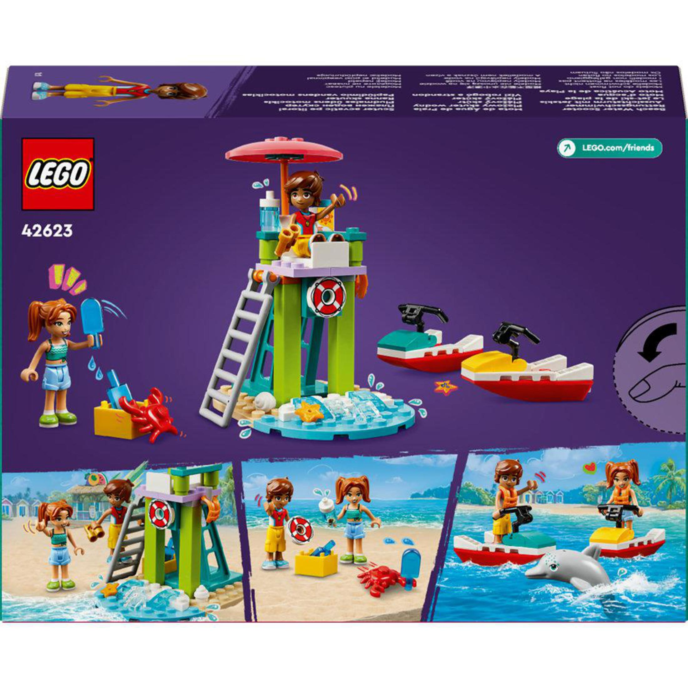 Pudełko zestawu Lego Friends przedstawiające scenę na plaży z figurkami, łódkami i wieżą ratownika.