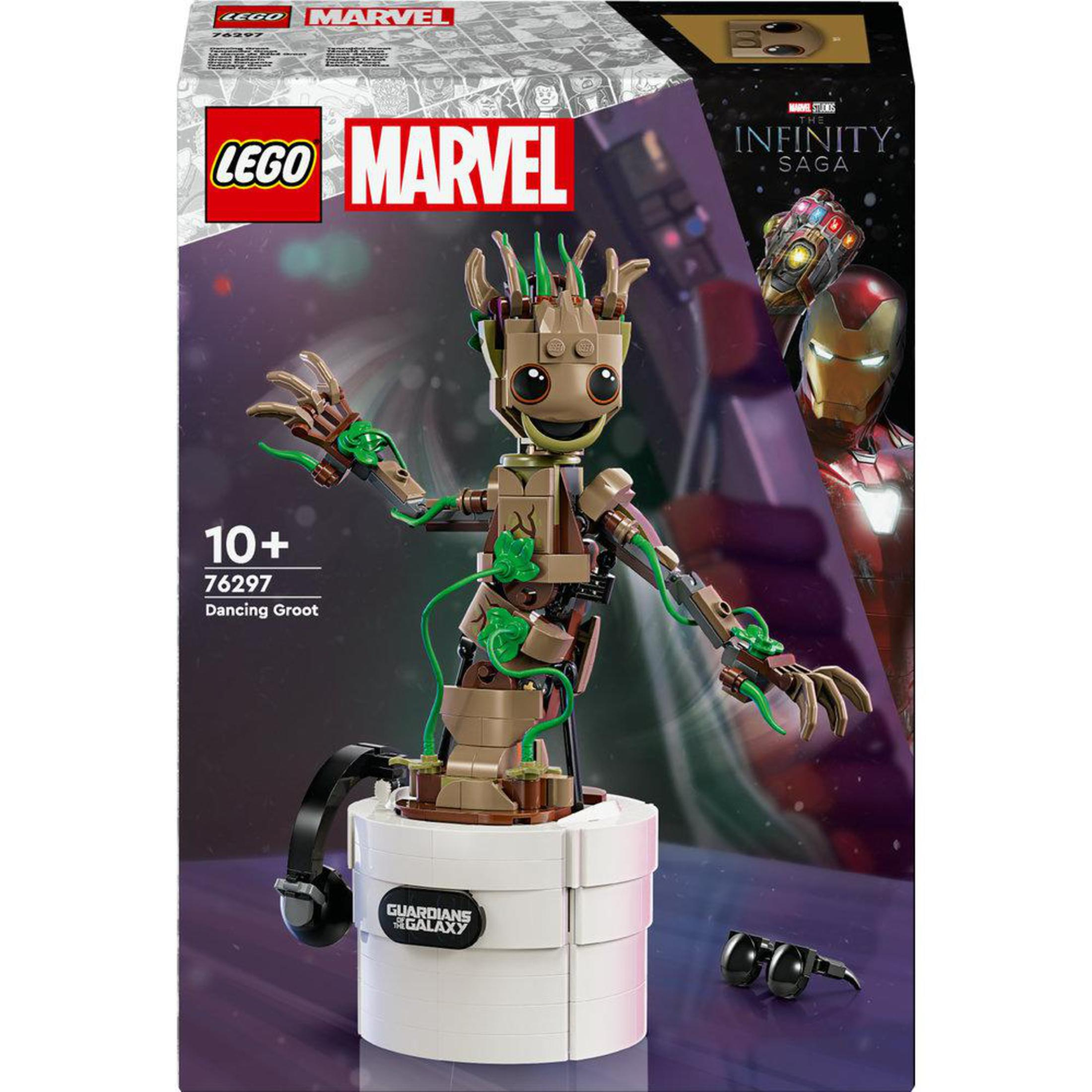 Figurka LEGO Groot z Strażników Galaktyki, w pudełku. Pudełko zawiera logo Marvel.