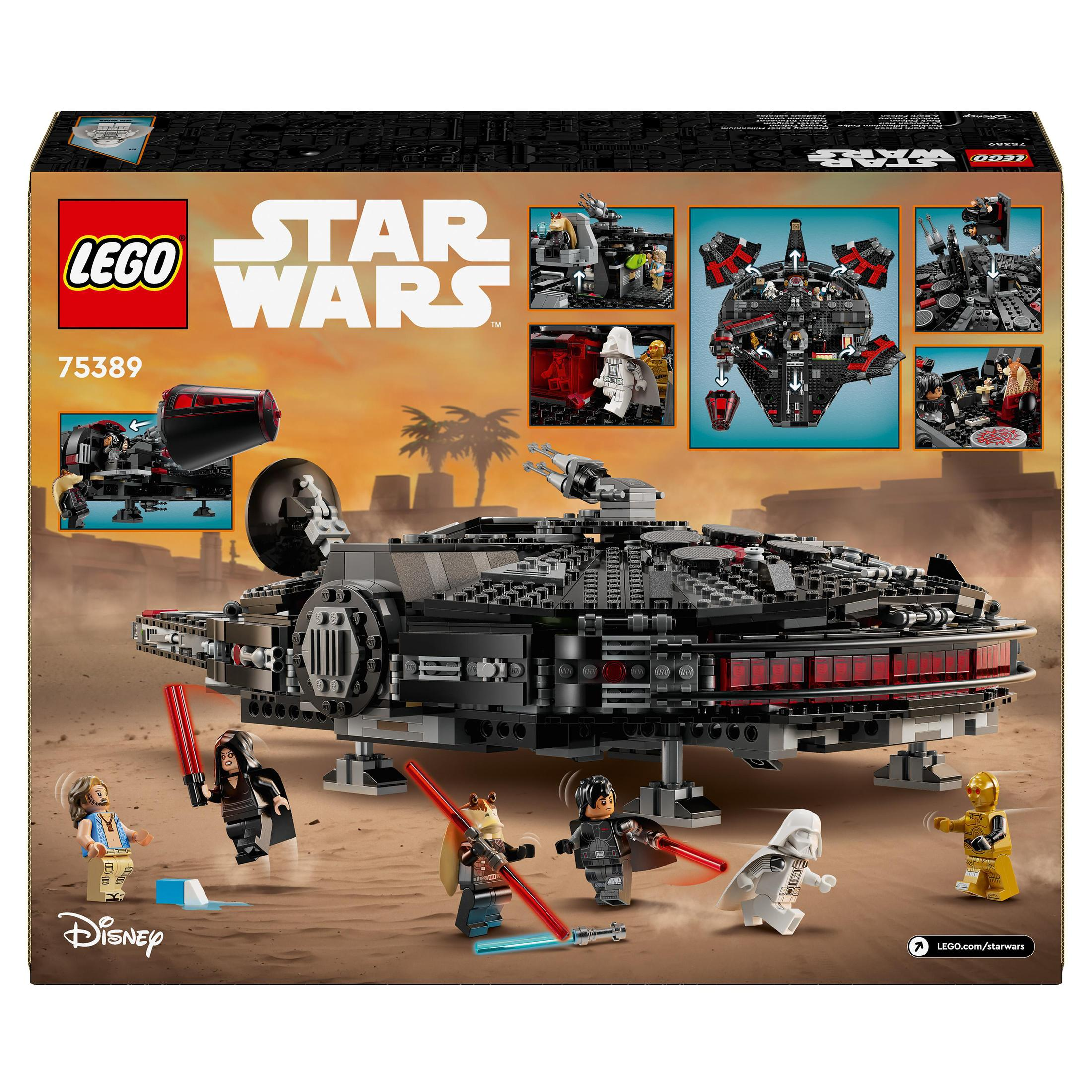 Pudełko zestawu LEGO Star Wars z Sokołem Millennium, figurkami i tłem pustyni.
