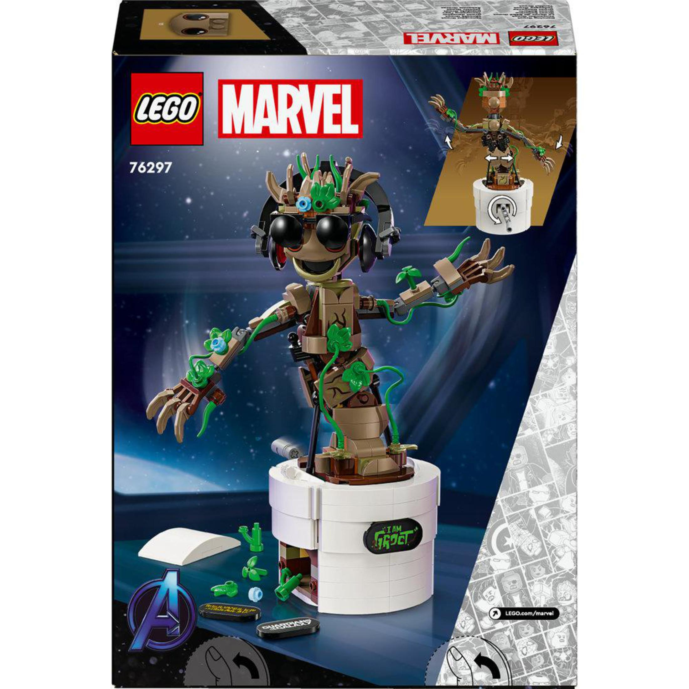 Pudełko zestawu LEGO Marvel z figurką Groota, z tekstem i obrazami.