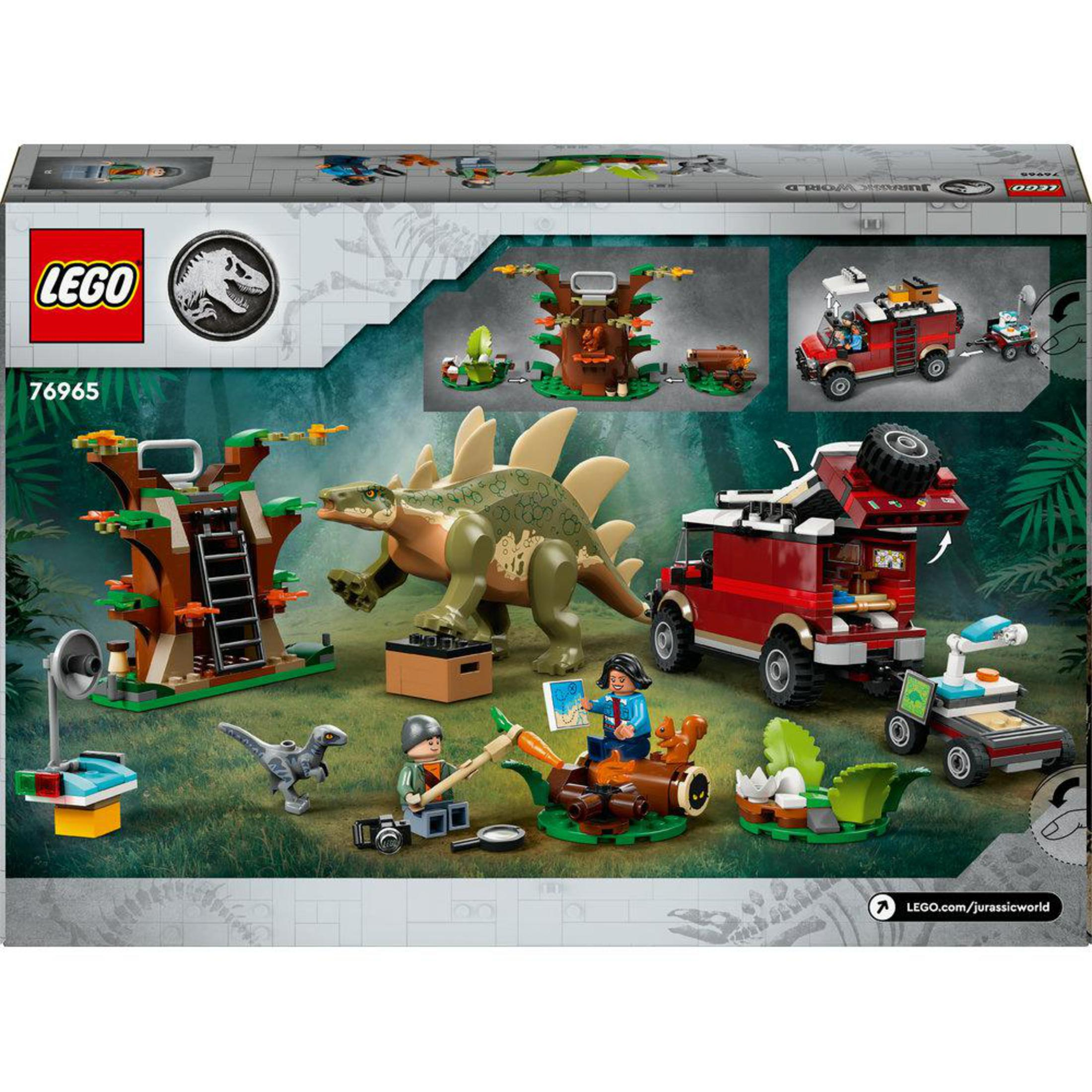 Zestaw Lego Jurassic World ze Stegozaurem, ciężarówką i innymi elementami tematycznymi z dinozaurami w pudełku.