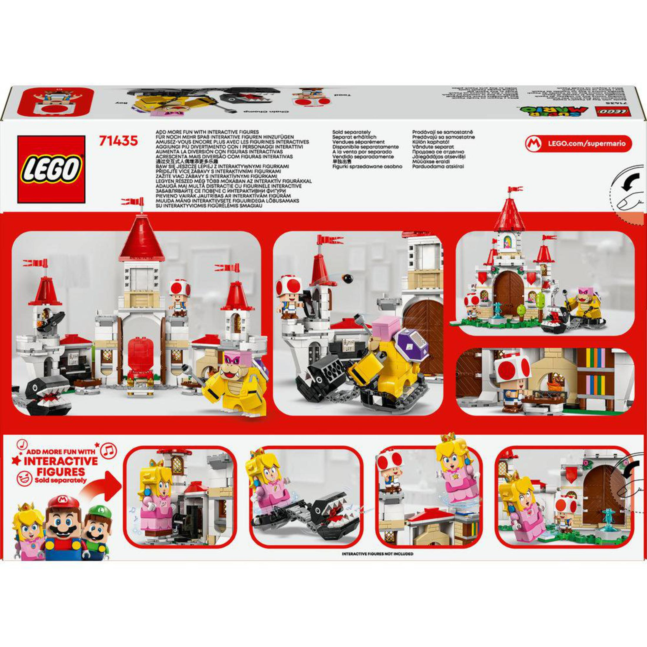 Rückseite der Lego Super Mario Set-Box. Zeigt verschiedene Burg-Funktionen mit Charakteren. Mehrere Mini-Szenen von Charakterinteraktionen.