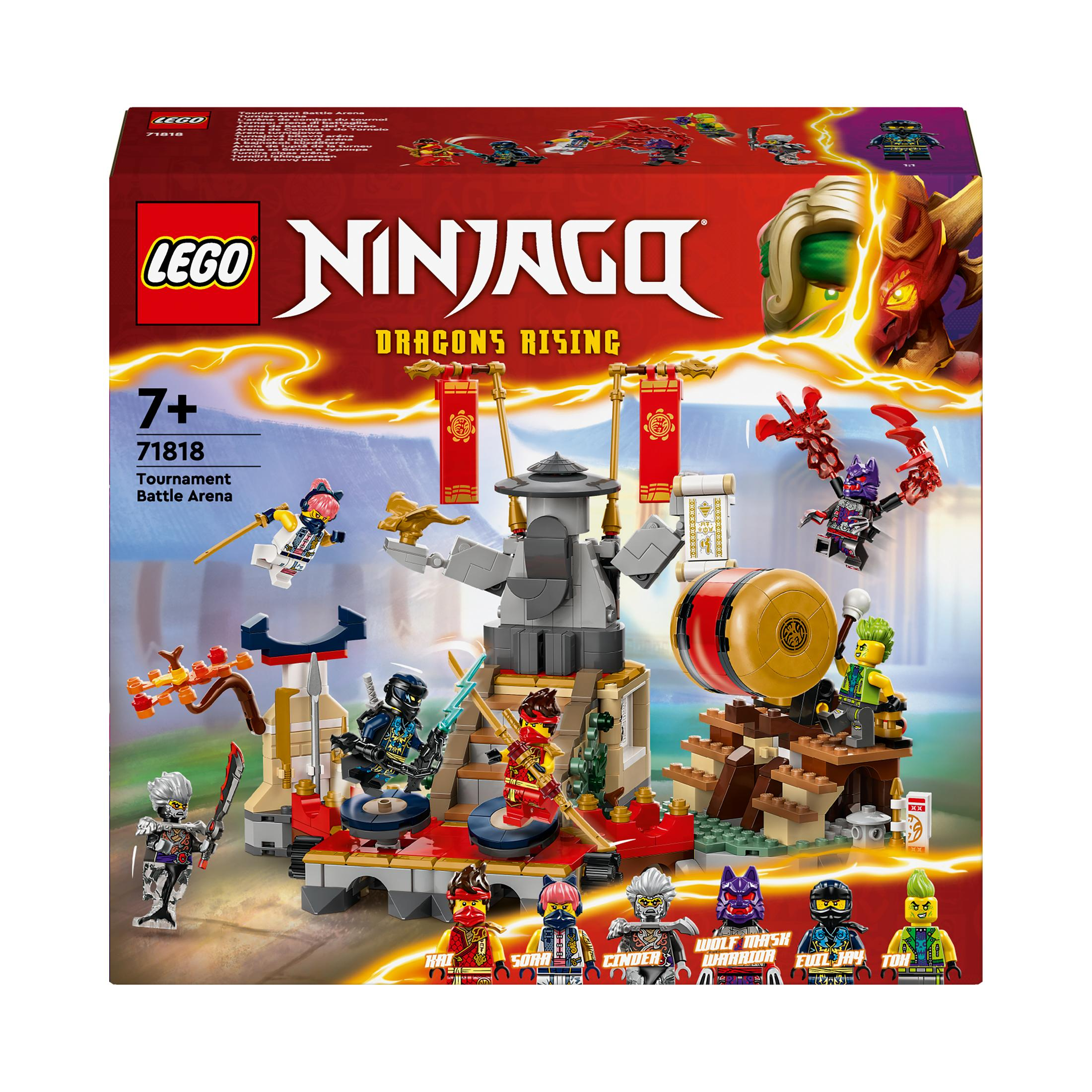 Lego Ninjago Box-Set, mit verschiedenen Minifiguren und einer Kampfarena-Kulisse.