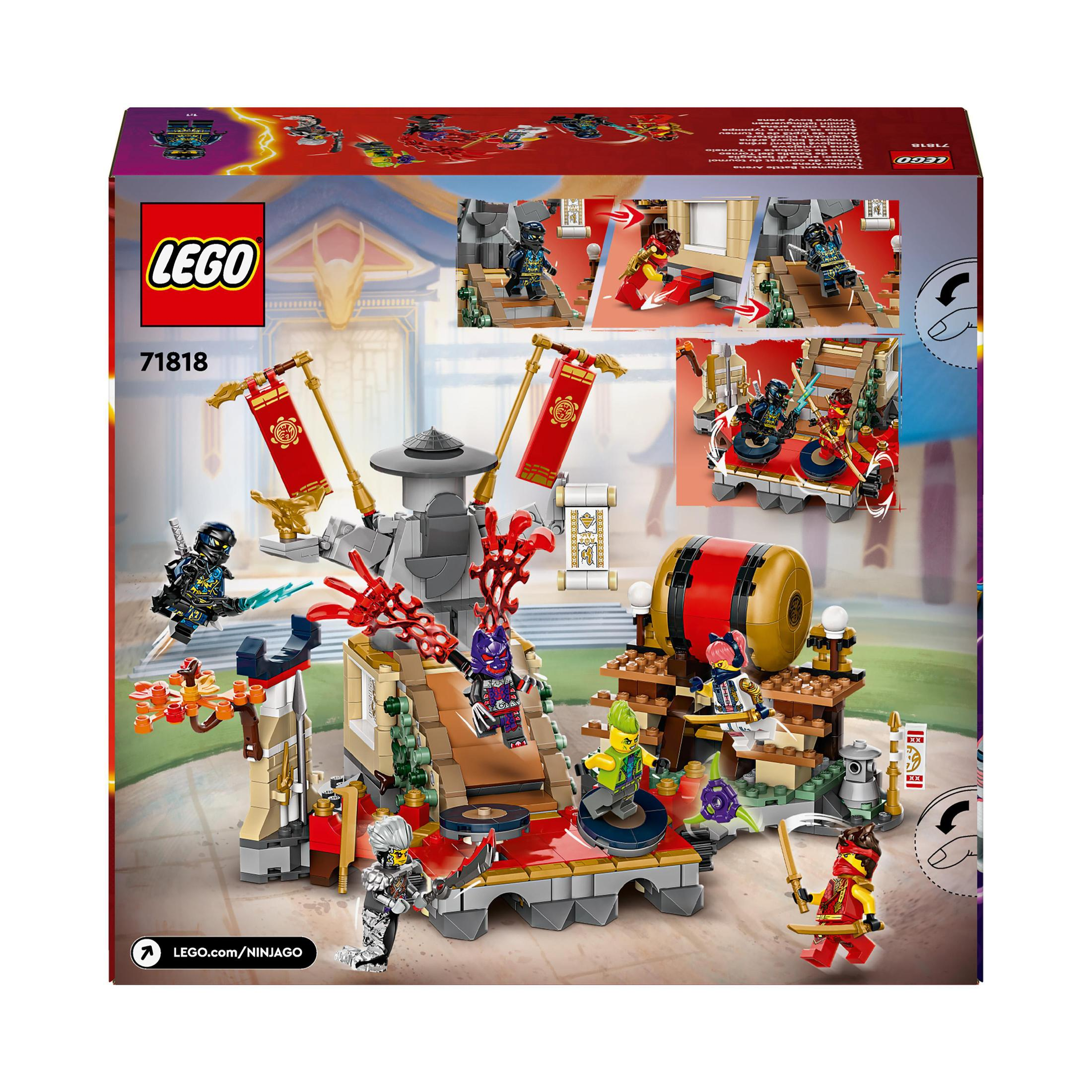 Lego Ninjago Box mit einer Tempelszene mit verschiedenen Figuren in Aktion.