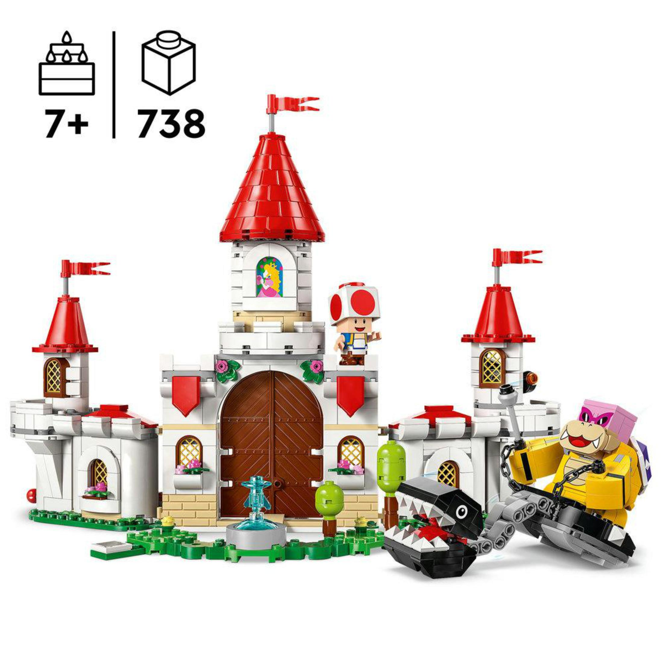Ein Lego-Burg-Set mit einem rotbedachten Turm, einer Prinzessin und einer Bowser-Figur.