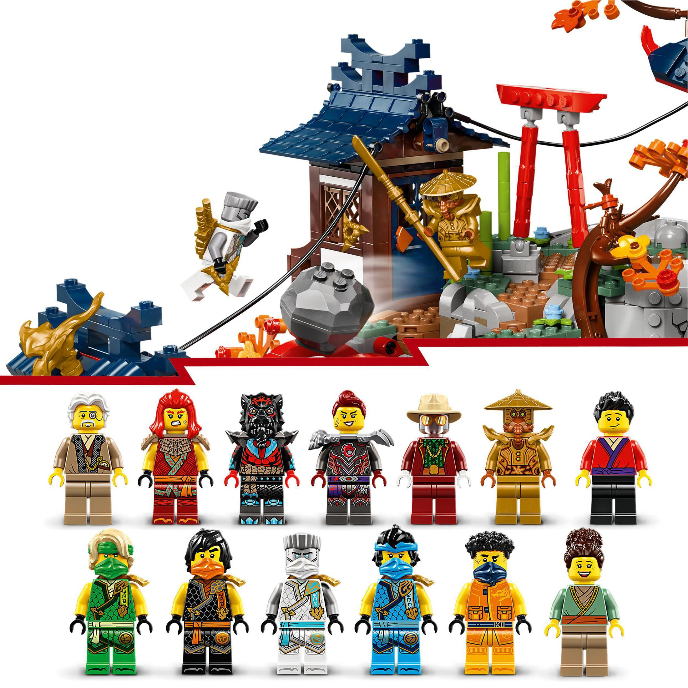 Lego Ninjago Set mit Ninja-Figuren und einer tempelartigen Struktur. Verschiedene Mini-Figuren sind abgebildet.