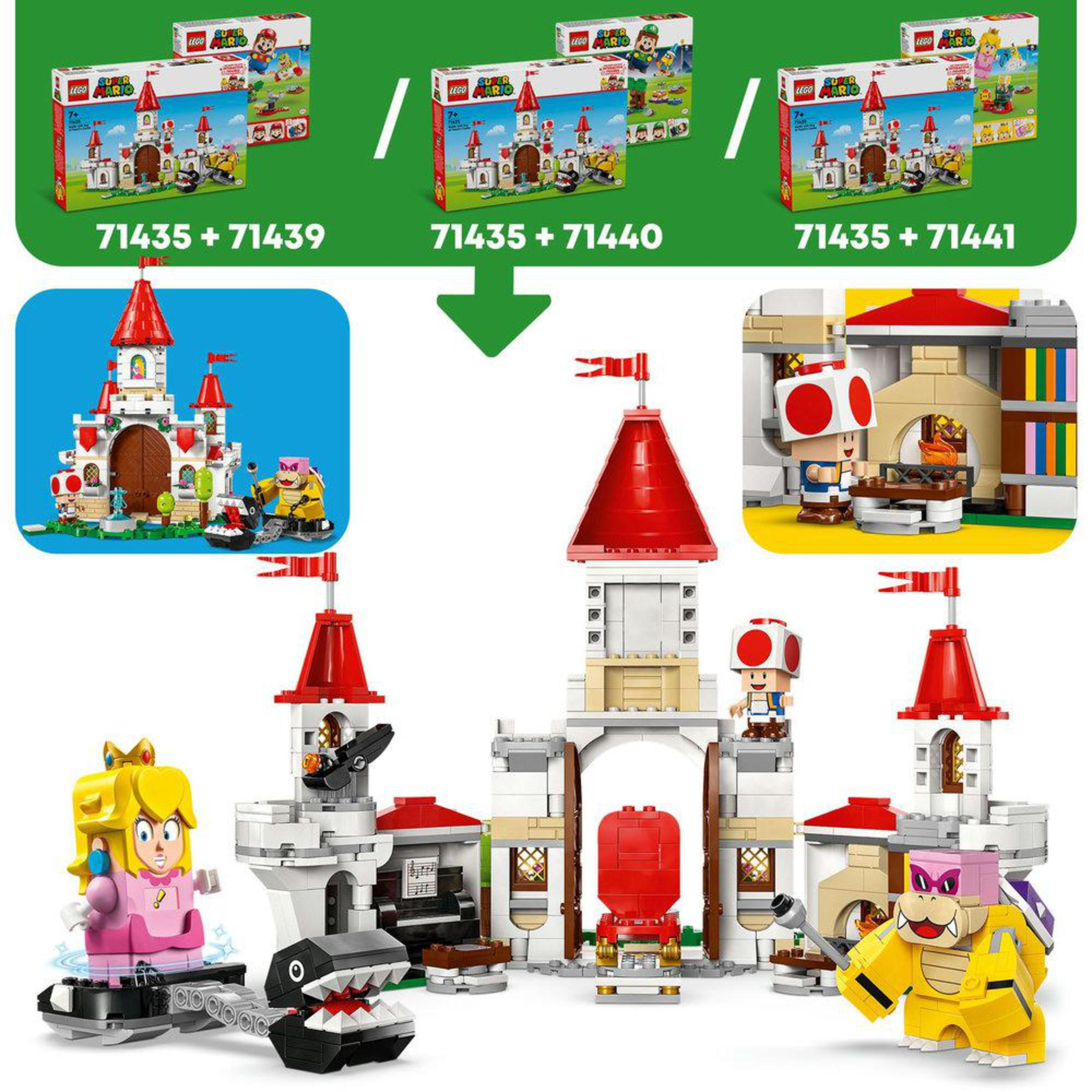 Lego Super Mario Sets: Schloss, Charaktere und interaktive Elemente.