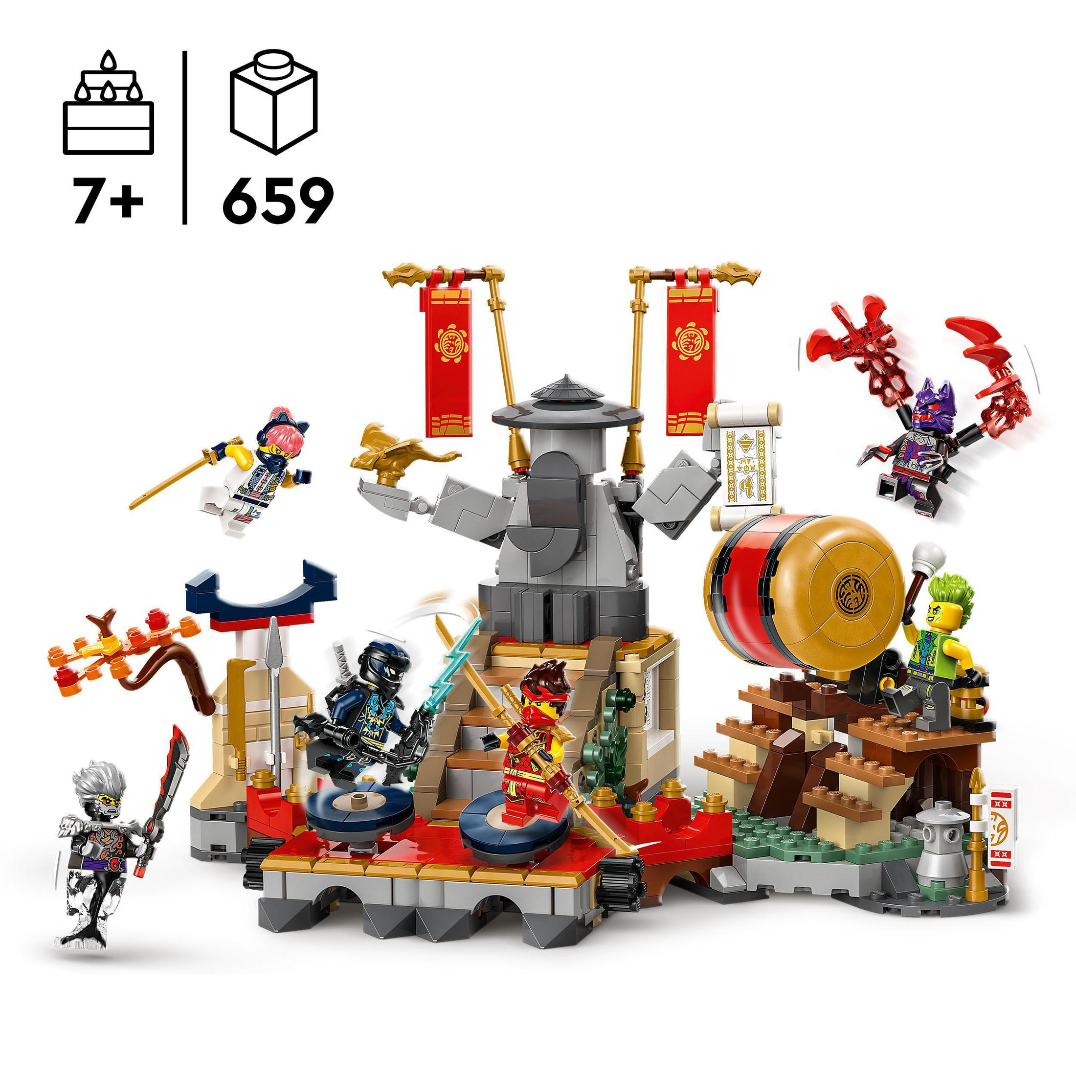 Lego Ninjago Set mit Ninja-Figuren, Tempel und Zubehör auf weißem Hintergrund.