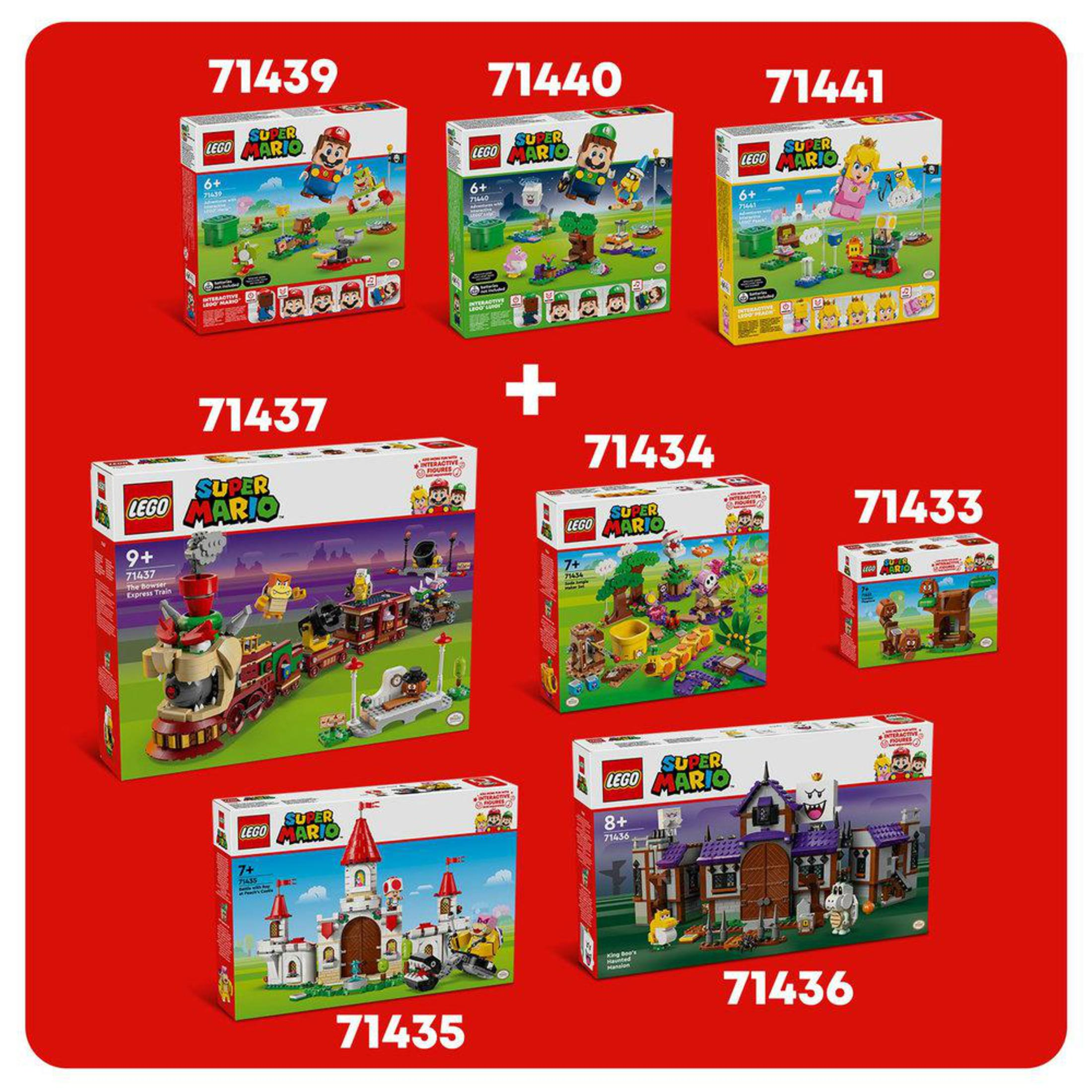 LEGO Super Mario setleri. Mario karakterleri ve manzaralar içeren kutular. Numaralar görülebilir.