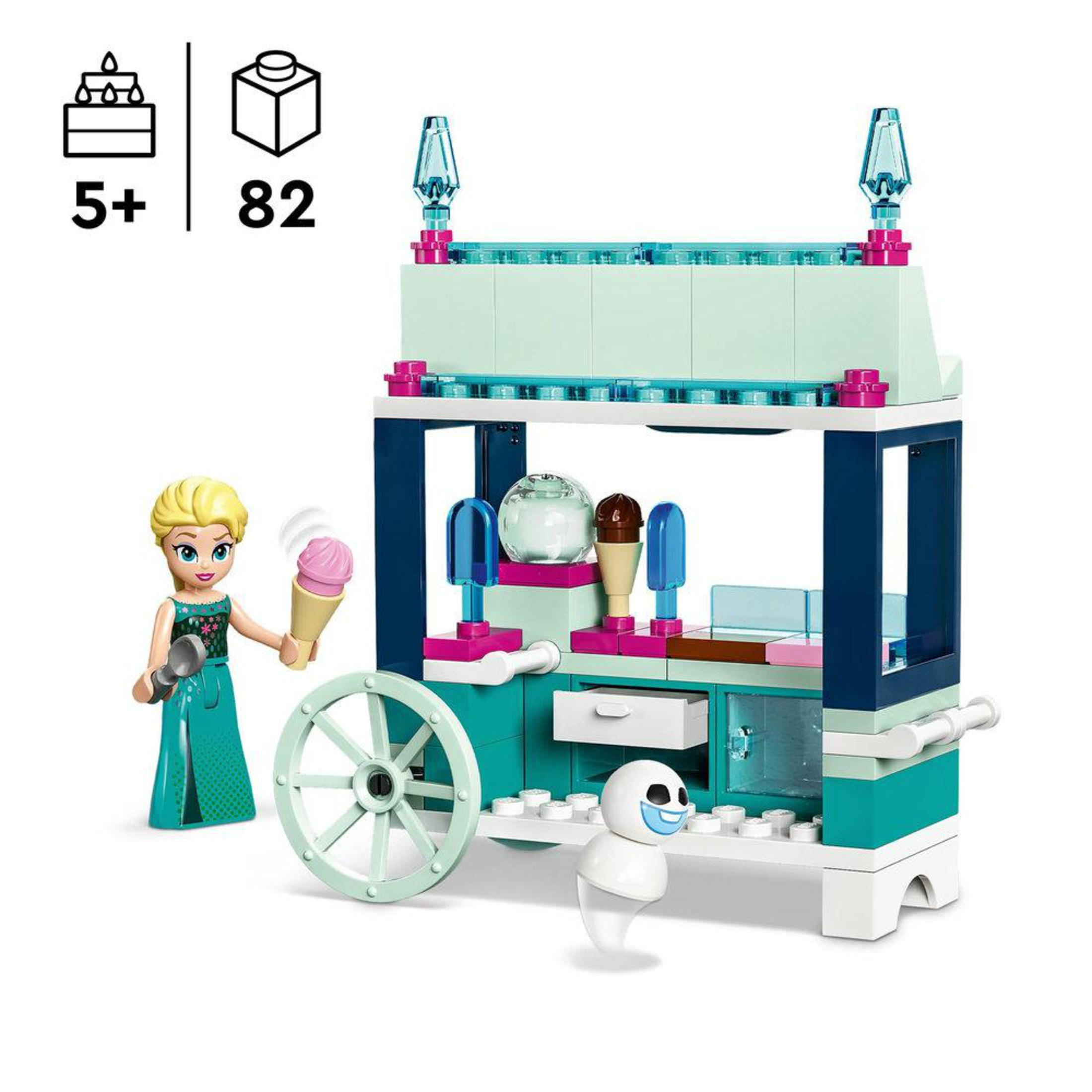 Elsa mit Eiswagen und Olaf. Der Wagen ist hellblau, mit Eis und Kegeln. 5+ Jahre, 82 Teile.