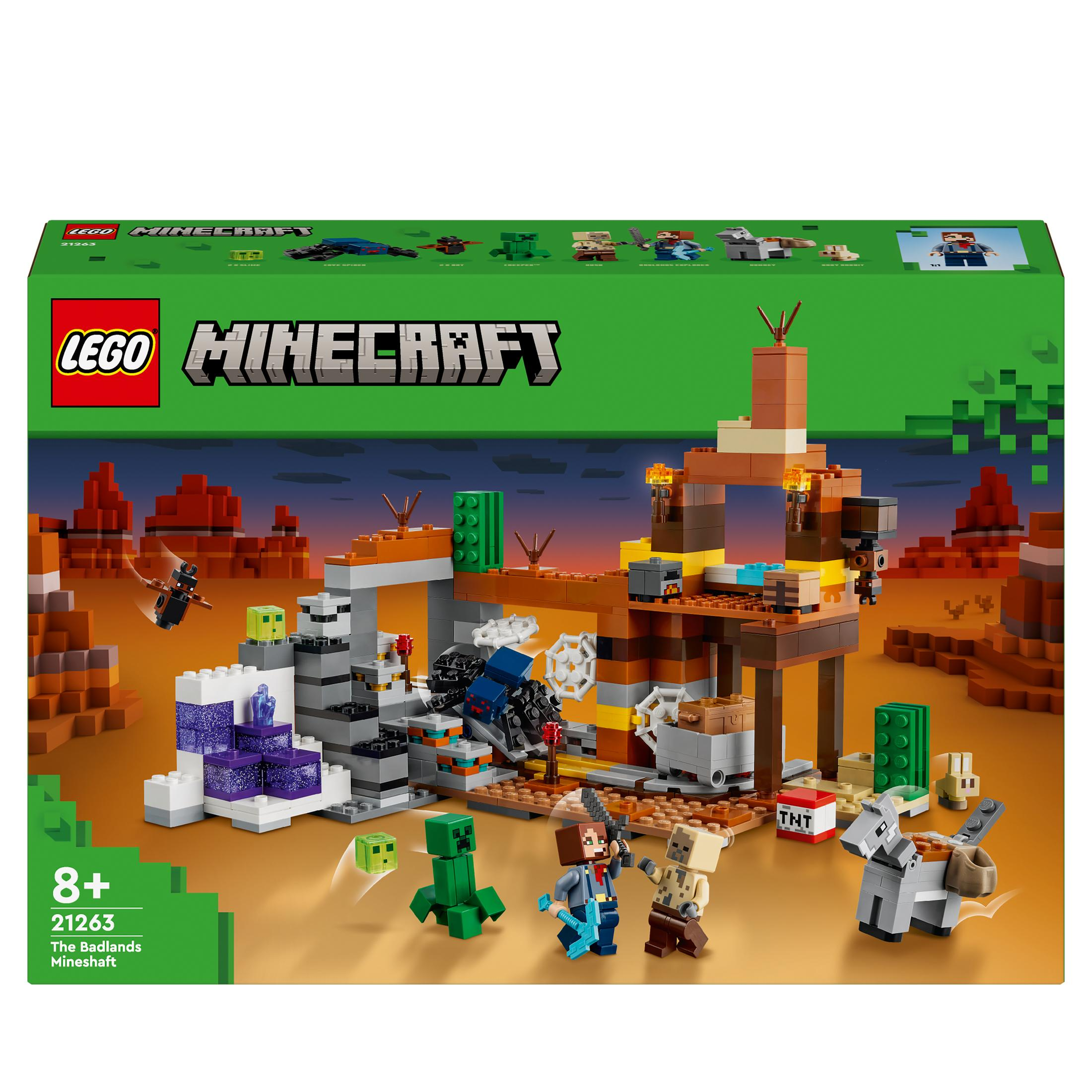 LEGO Minecraft-setdoos. Toont een mijnscène met personages en wezens, een Creeper, een skelet en een ezel.