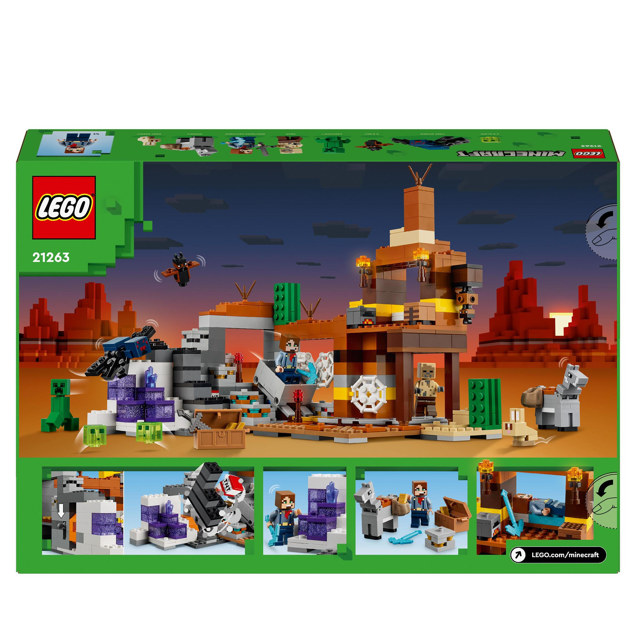 Een Lego Minecraft set. Bouwstenen vormen een structuur met figuren en monsters. Woestijnsetting.
