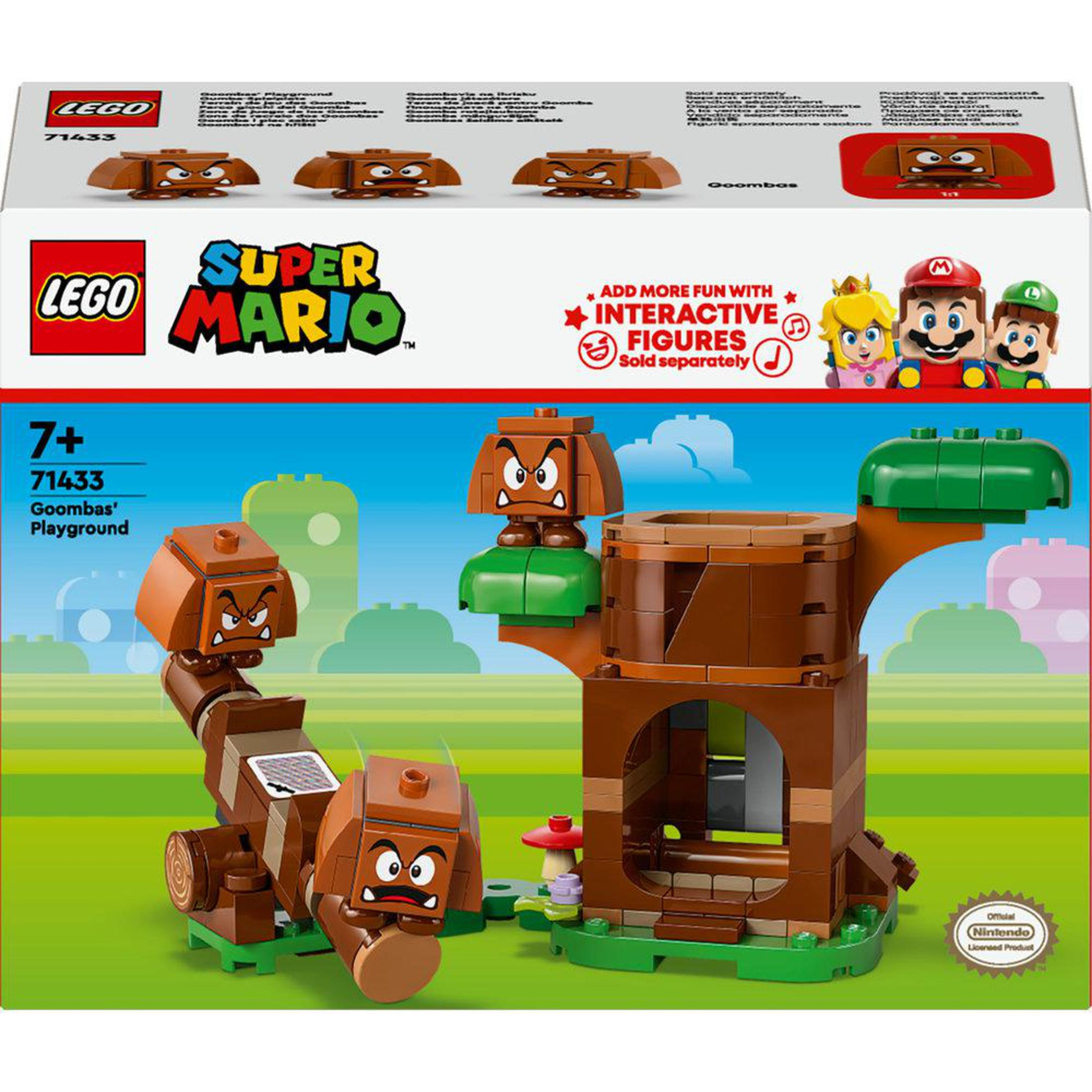 Lego Super Mario Set zeigt Goombas' Spielplatz. Braune Goombas, ein Baum mit Loch und Super Mario Branding sind vorhanden.